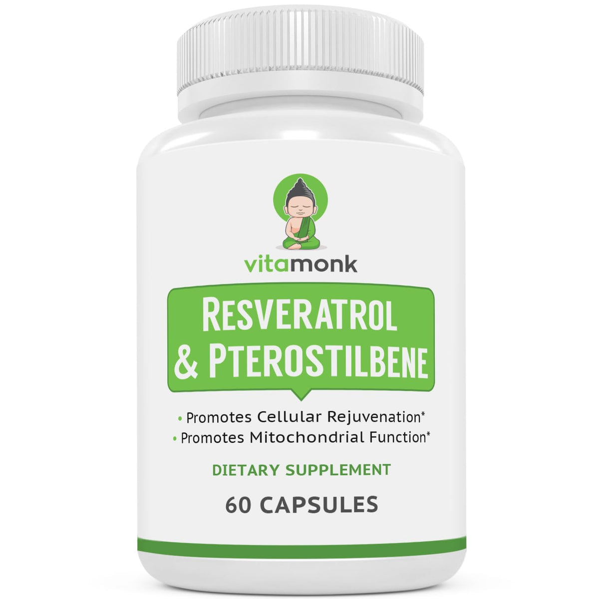 VitaMonk Resveratrol Pterostilbene – bouteille élégante, soutien potentiel à l’énergie cellulaire.