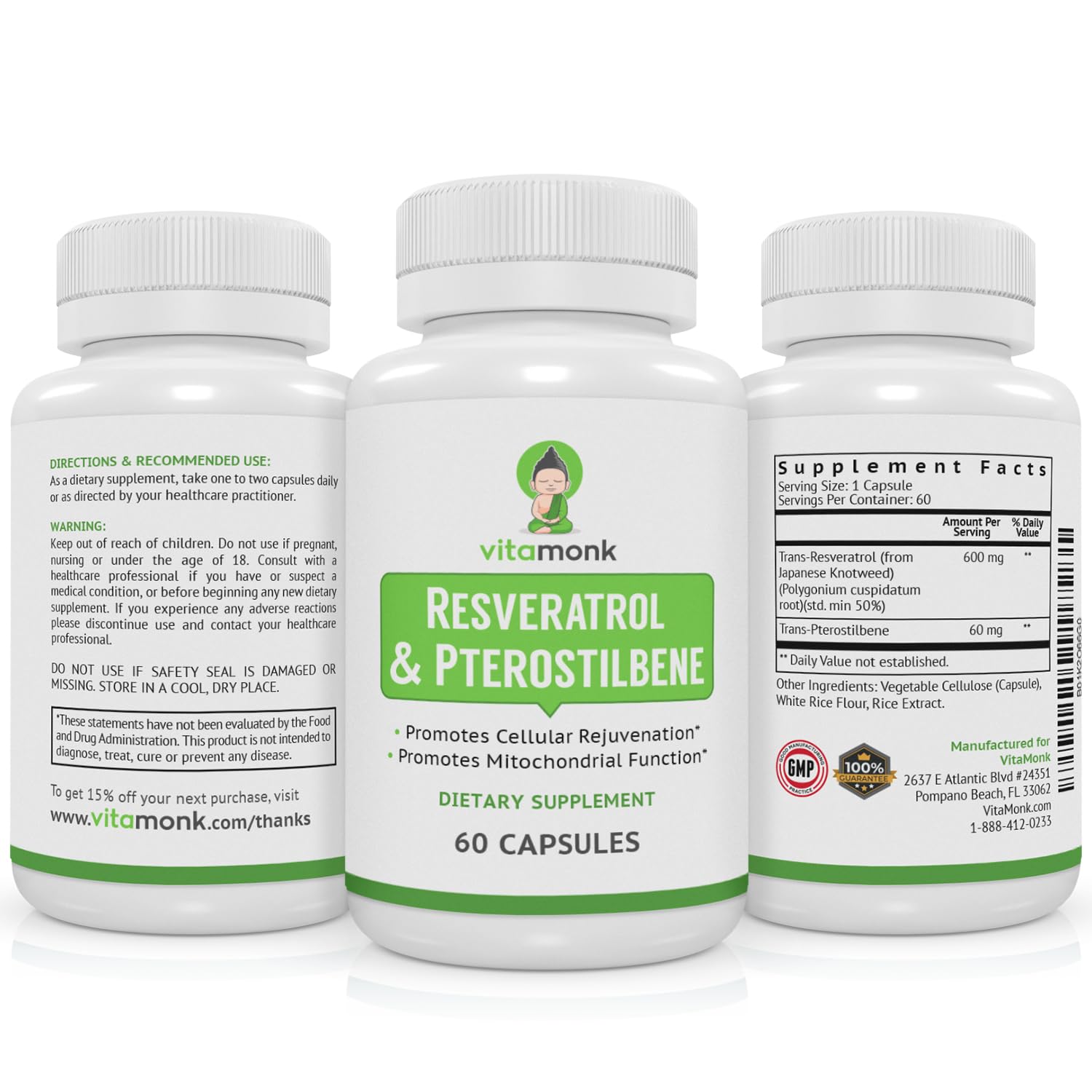 VitaMonk Resveratrol Pterostilbene – présentation produit orientée santé et longévité.