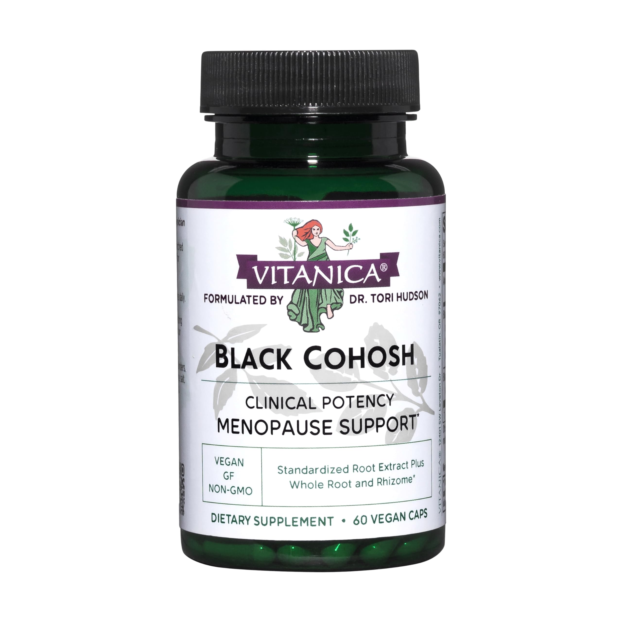 Vitanica Black Cohosh, bouteille-capsules, soutien quotidien pour la ménopause.
