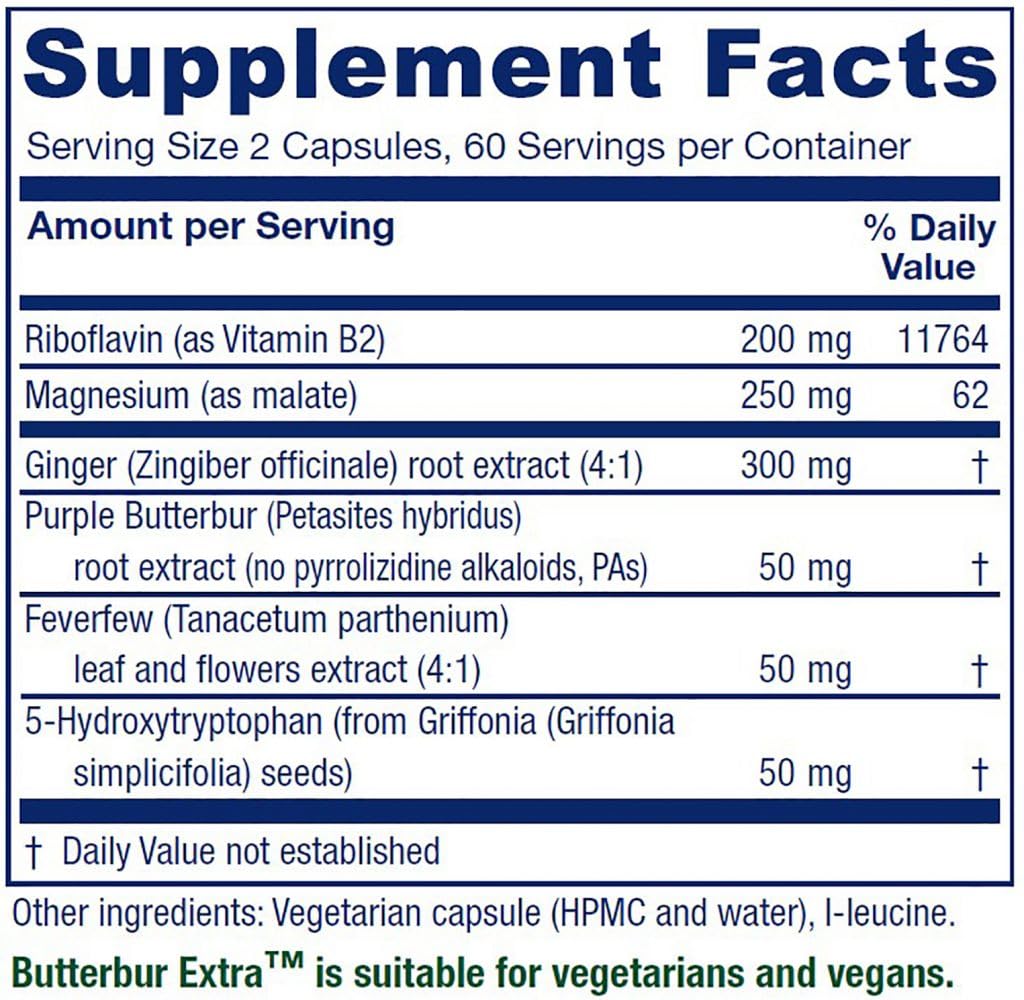 Capsules Vitanica Butterbur Extra prêtes à consommer dans une routine quotidienne.