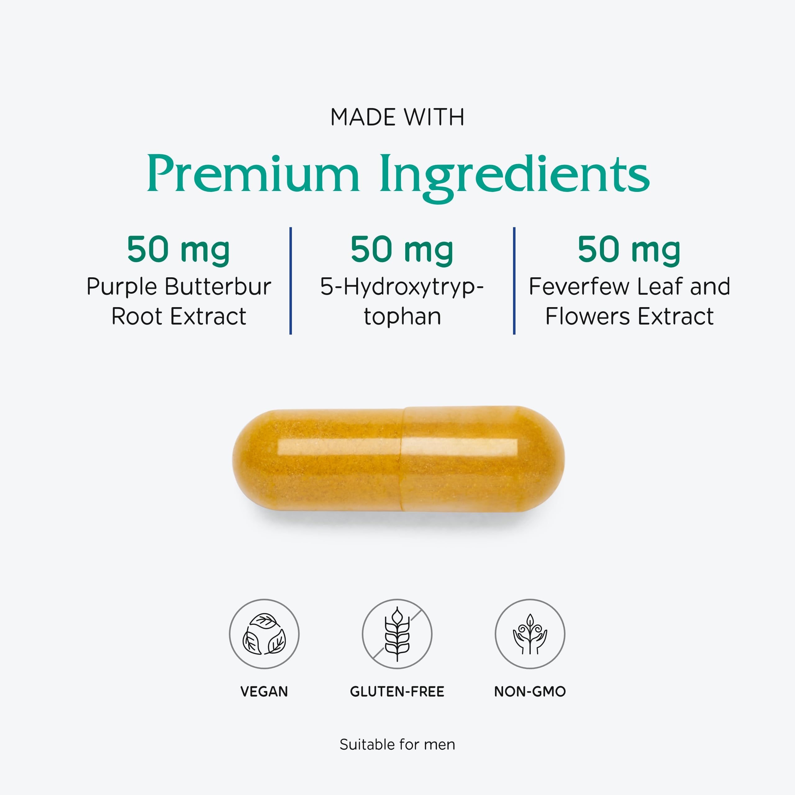 Ingrédients naturels et Butterbur Extra mis en avant dans la formule végétale.