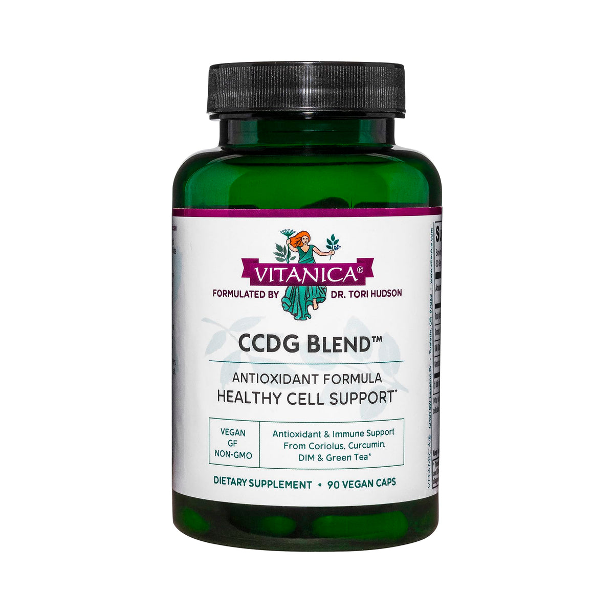 Vitanica CCDG Blend, bouteille montrant le soutien immunitaire possible grâce au thé vert et curcuma