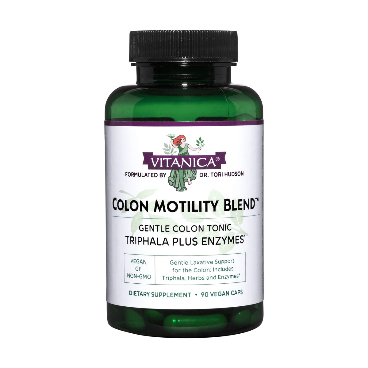 Vitanica Colon Motility Bouteille montrant le flacon, soutien doux du transit.