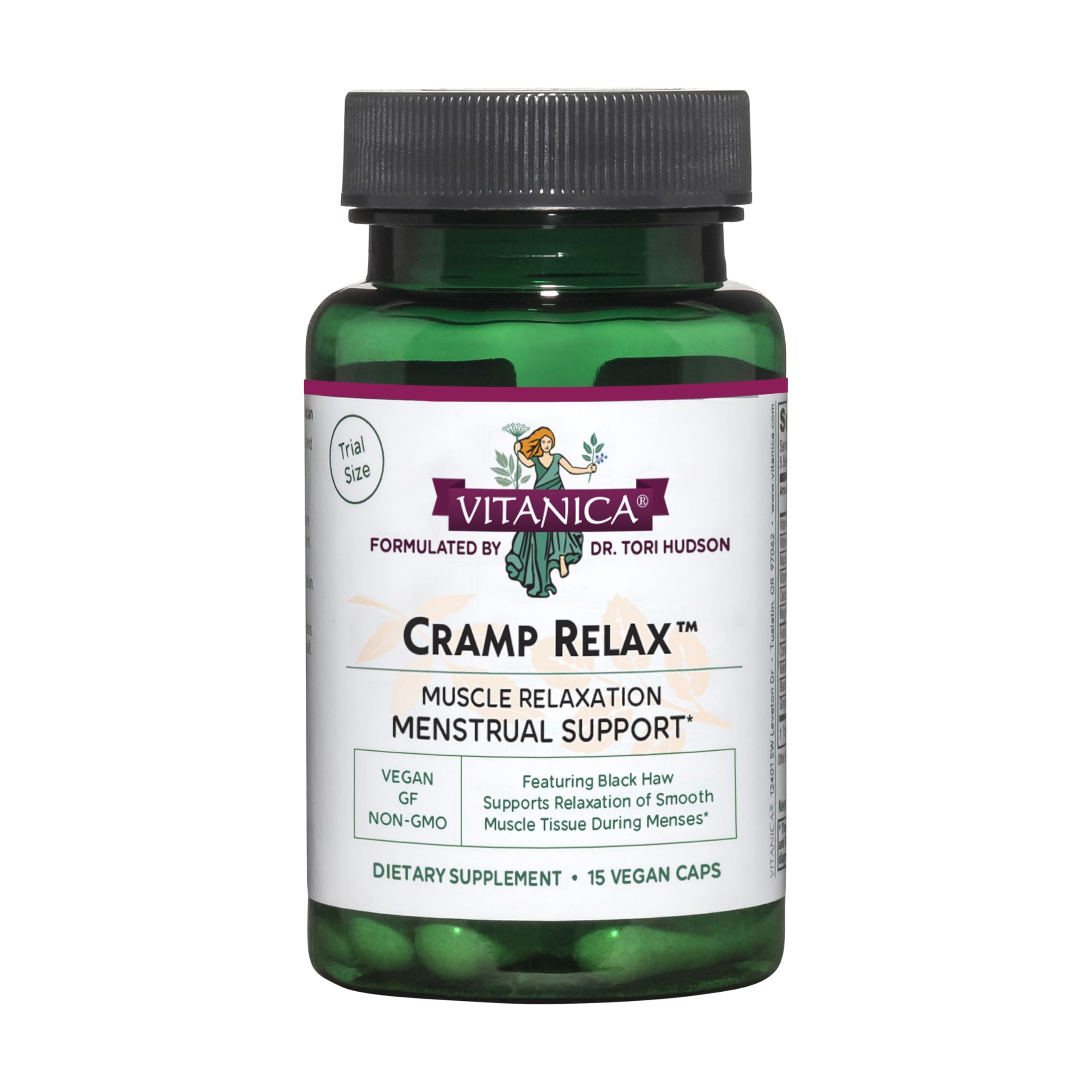 Vitanica Cramp Relax – bouteille, soutien potentiel lors des crampes menstruelles.