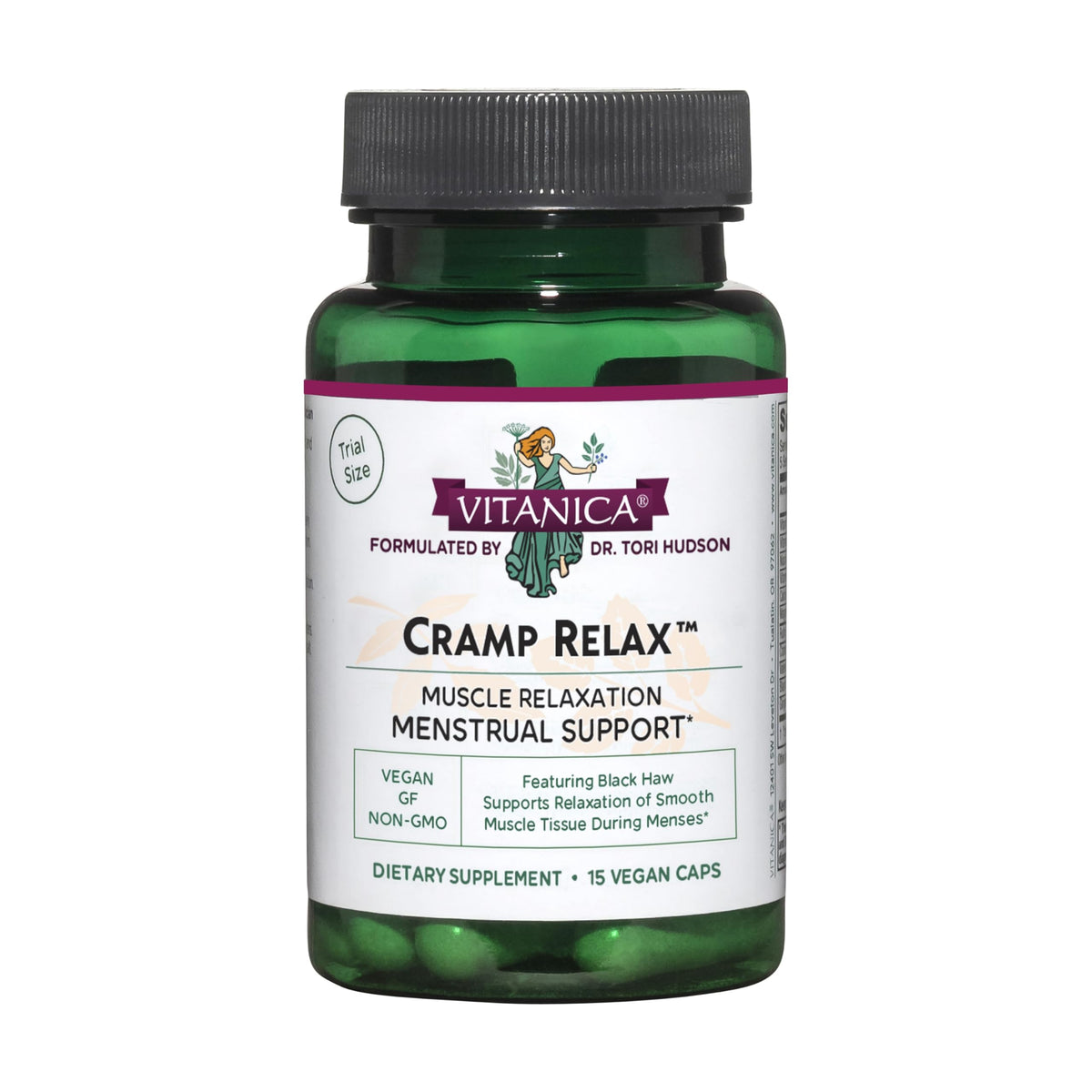Vitanica Cramp Relax – bouteille, soutien potentiel lors des crampes menstruelles.