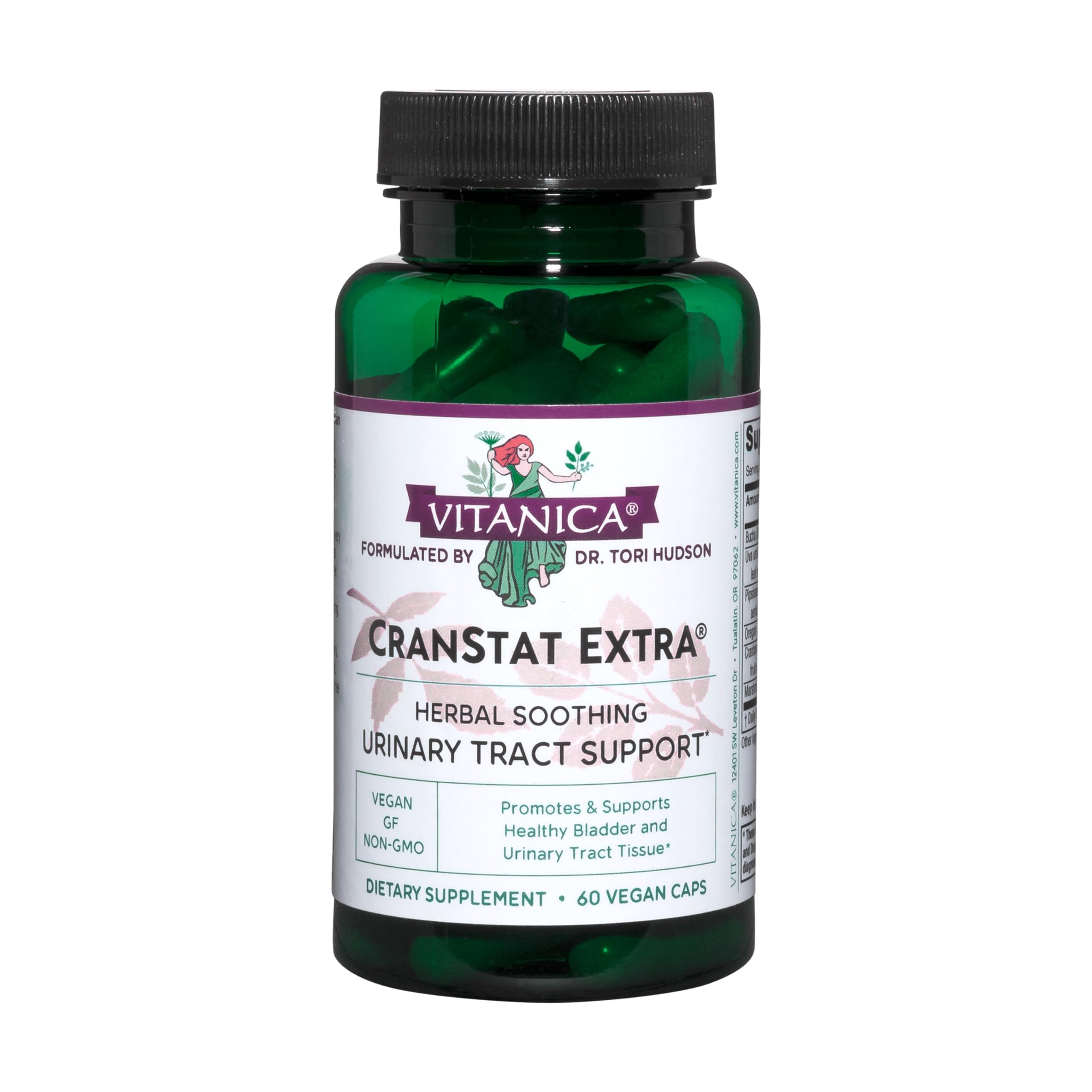 Vitanica CranStat Extra : bouteille et étiquette illustrant le soutien potentiel des voies urinaires.