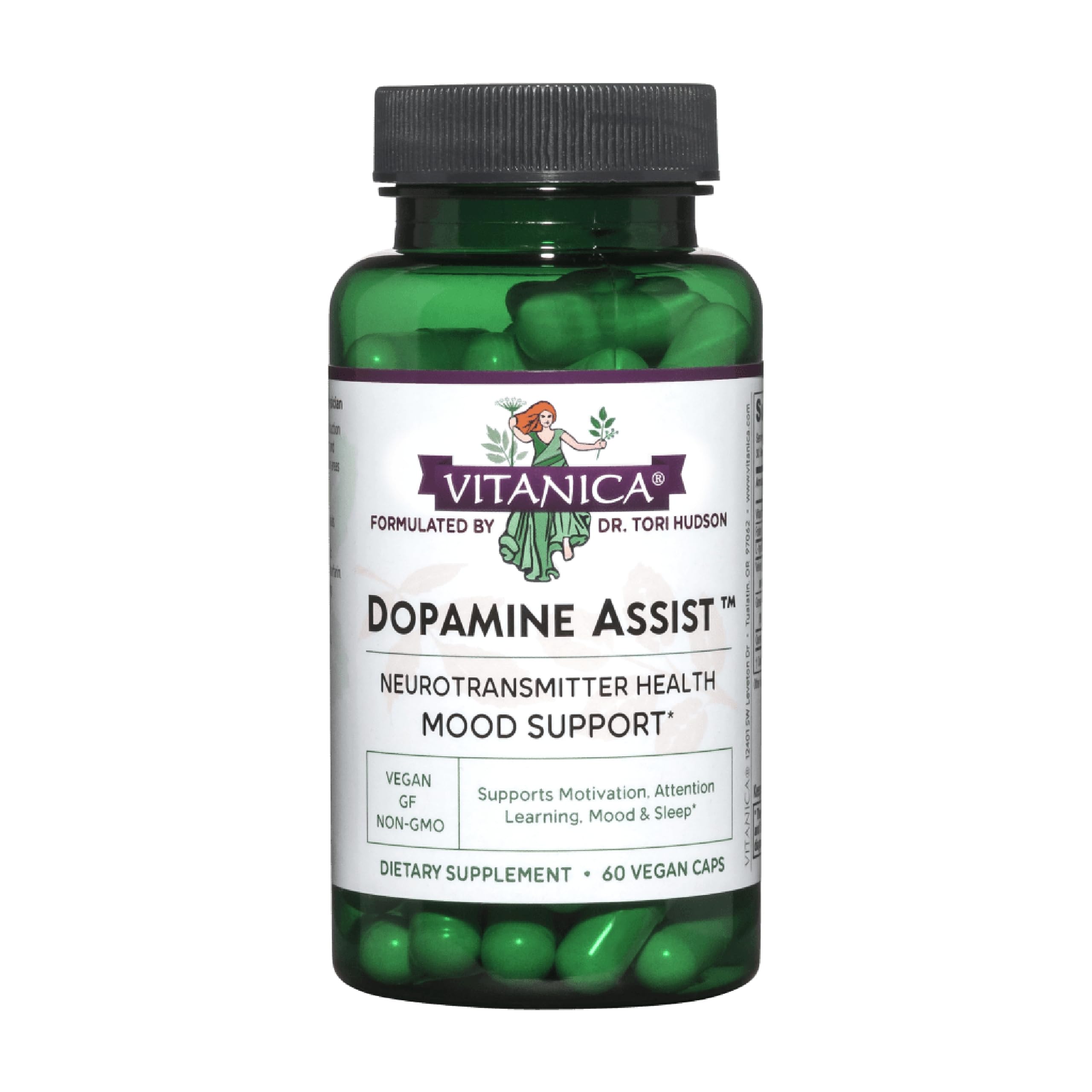 Vitanica Dopamine Assist: bouteille et gélules évoquant le soutien potentiel de l'humeur.