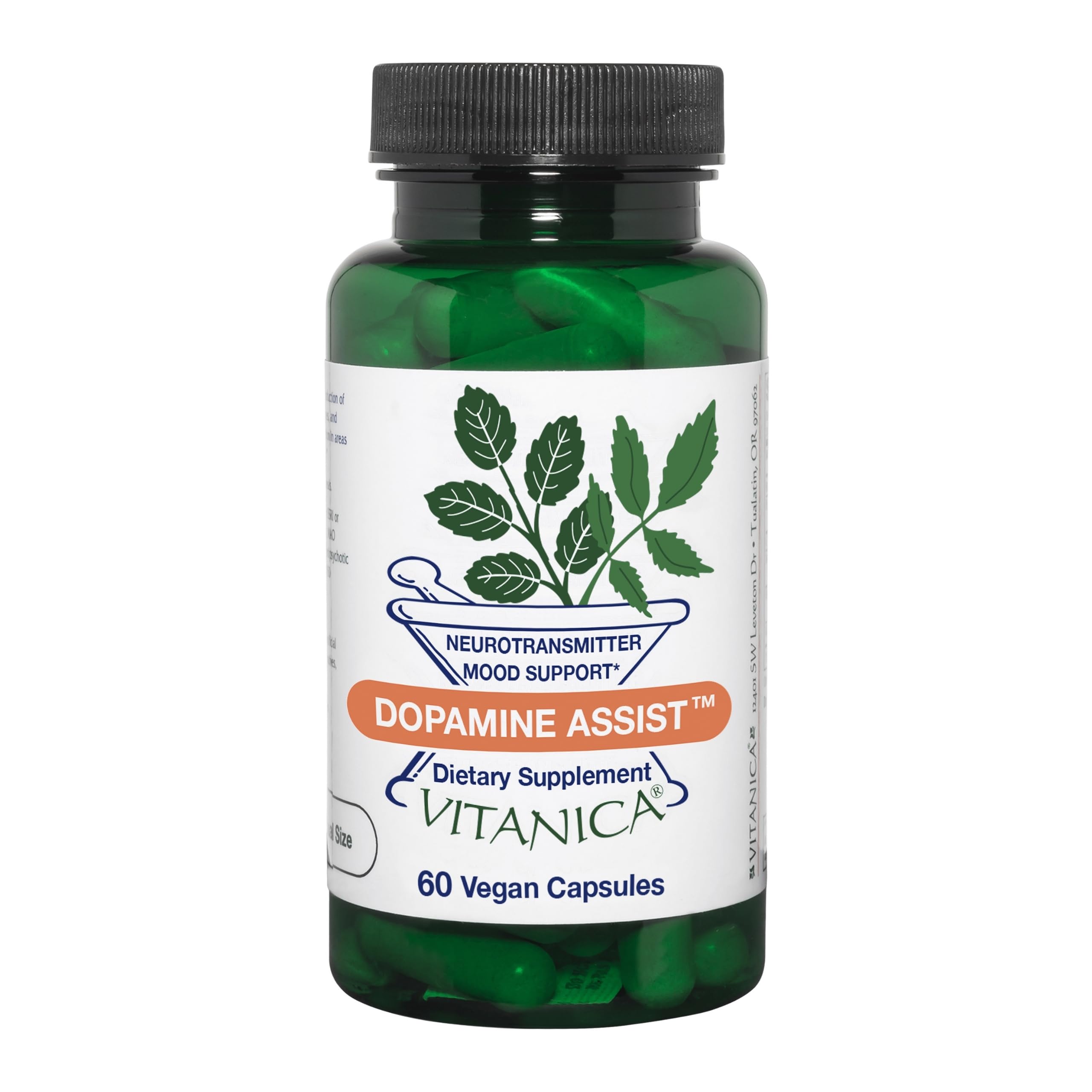 Vitanica Dopamine Assist, bouteille sur fond clair: soutien potentiel de la motivation.
