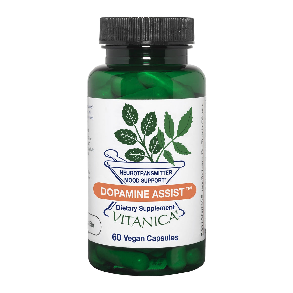 Vitanica Dopamine Assist, bouteille sur fond clair: soutien potentiel de la motivation.