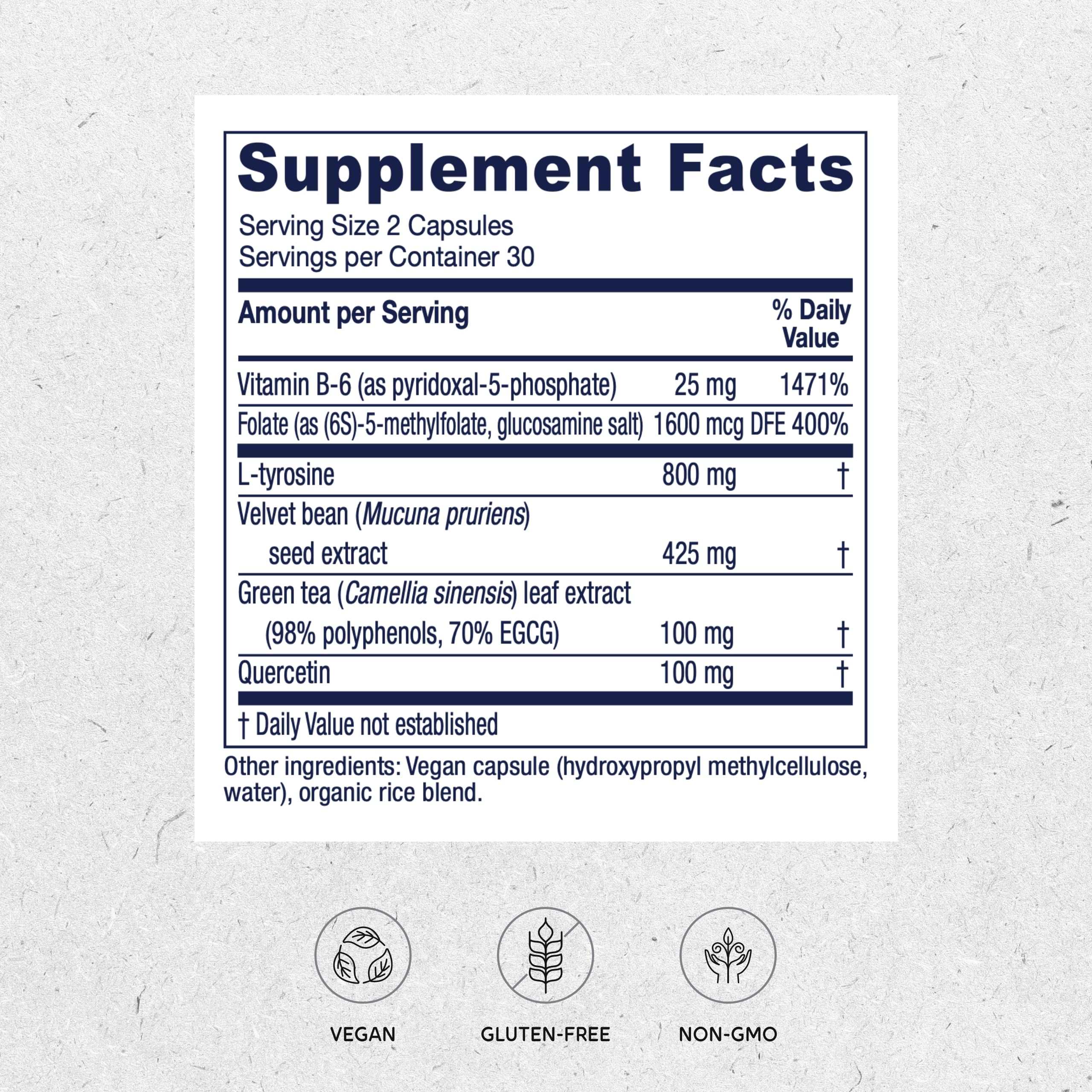 Vitanica Dopamine Assist, capsules en gros plan, soutien possible de l’attention.