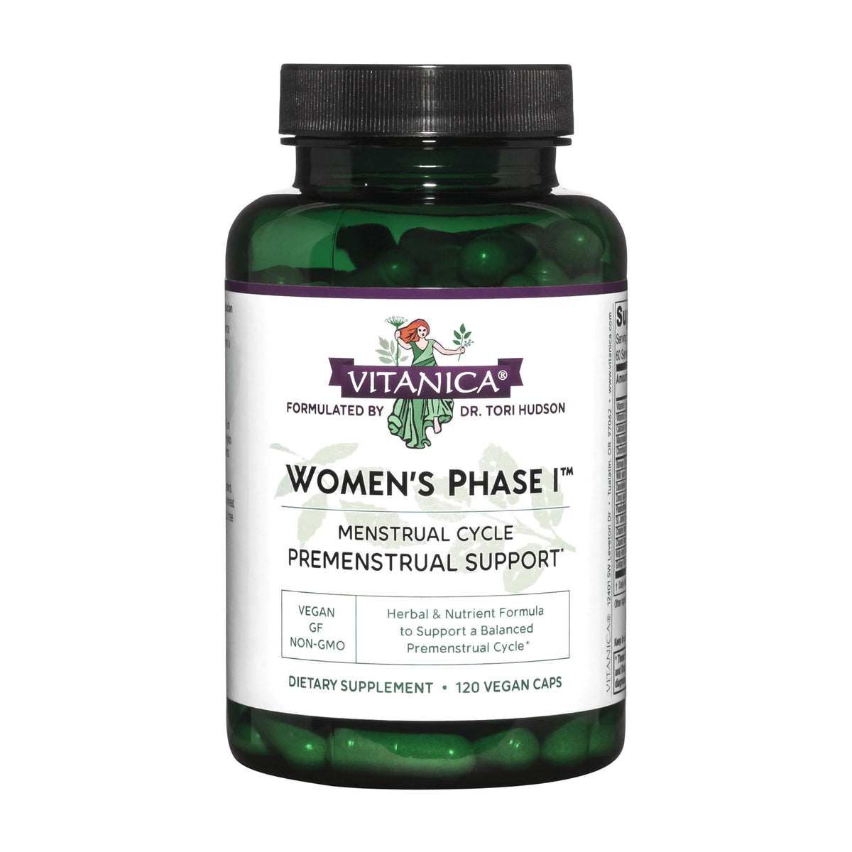 Vitanica Phase I femmes, bouteille-pilules, soutien potentiel contre PMS et confort du cycle.
