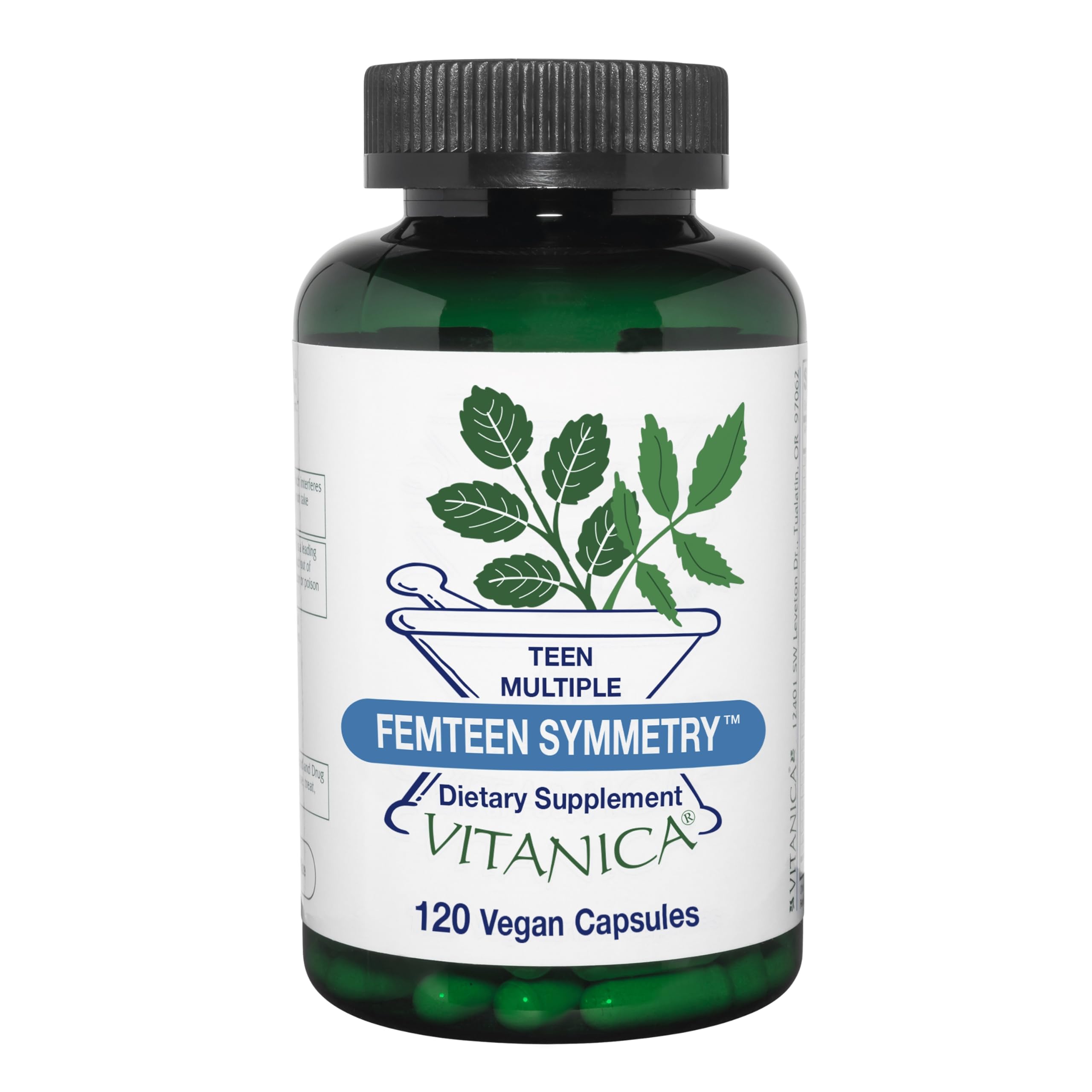 Vitanica FemTeen Symmetry: bouteille présentant l’emballage et sa formule destinée aux adolescentes.