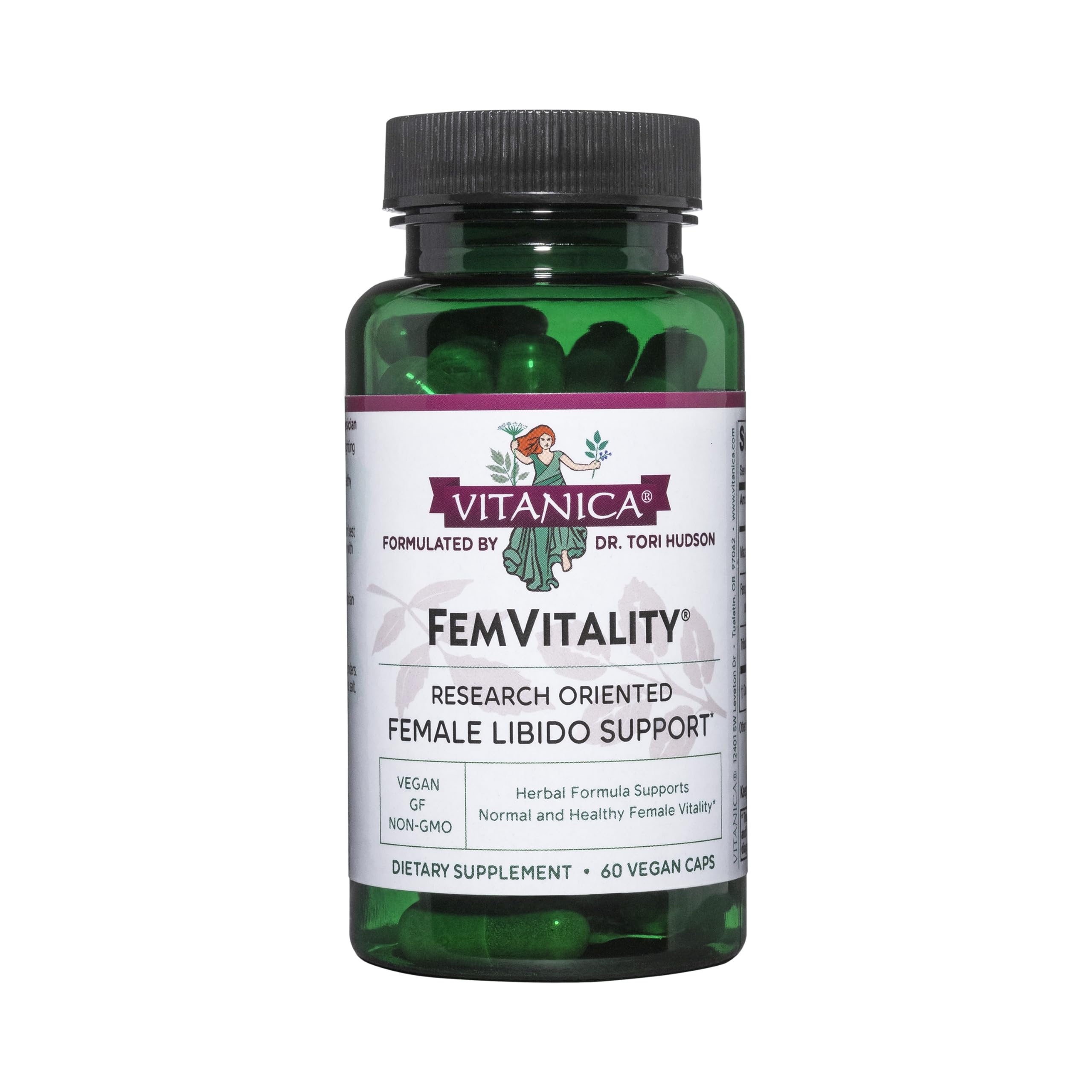 Vitanica FemVitality — bouteille et capsules visibles, soutien potentiel de l'énergie intime.