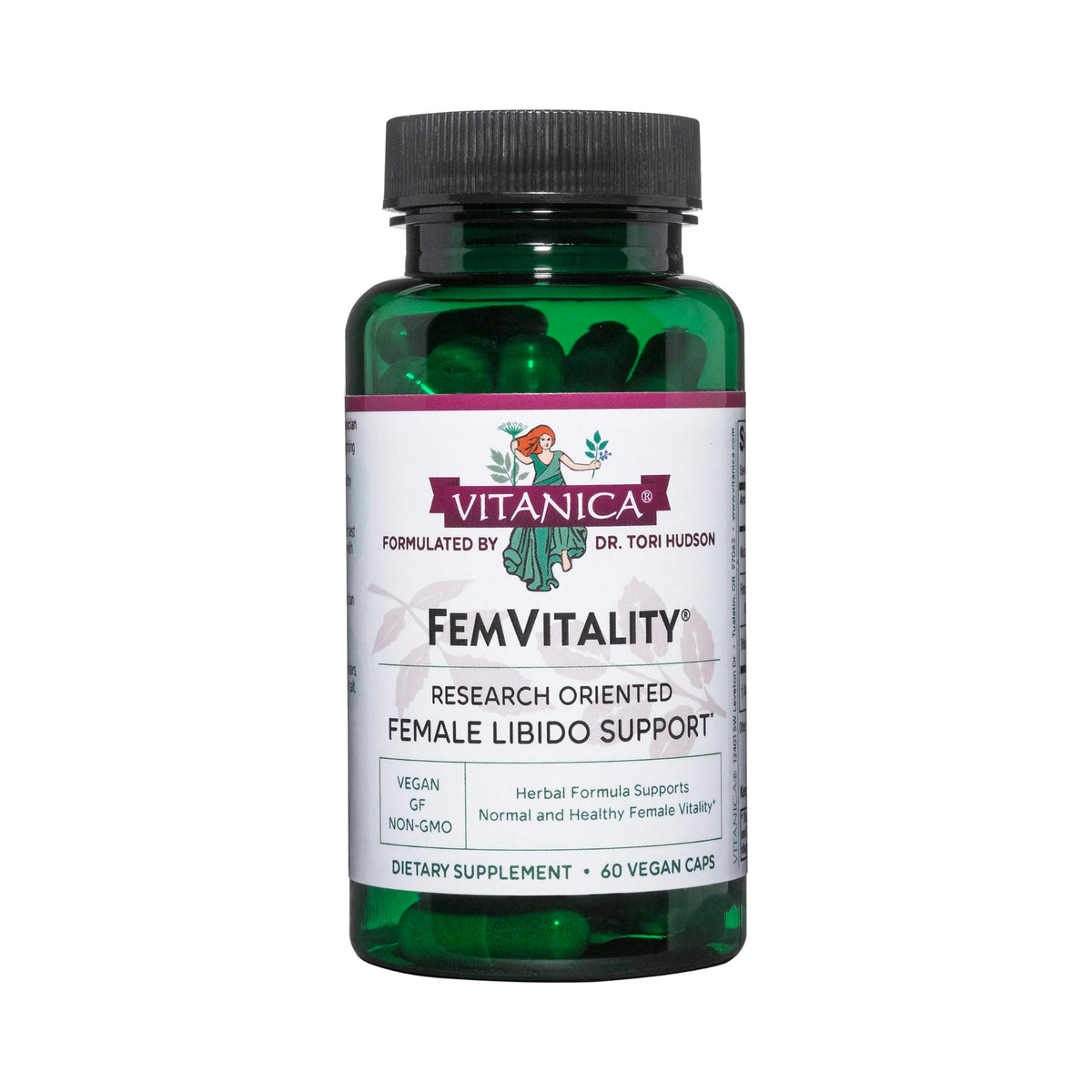 Vitanica FemVitality — bouteille et capsules visibles, soutien potentiel de l'énergie intime.