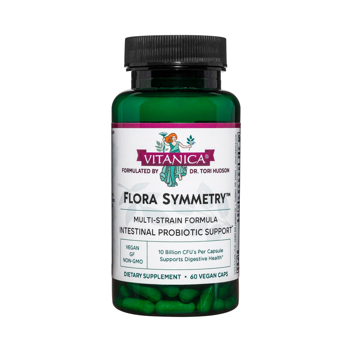 Vitanica Flora Symmetry — bouteille probiotiques, peut soutenir une digestion équilibrée.