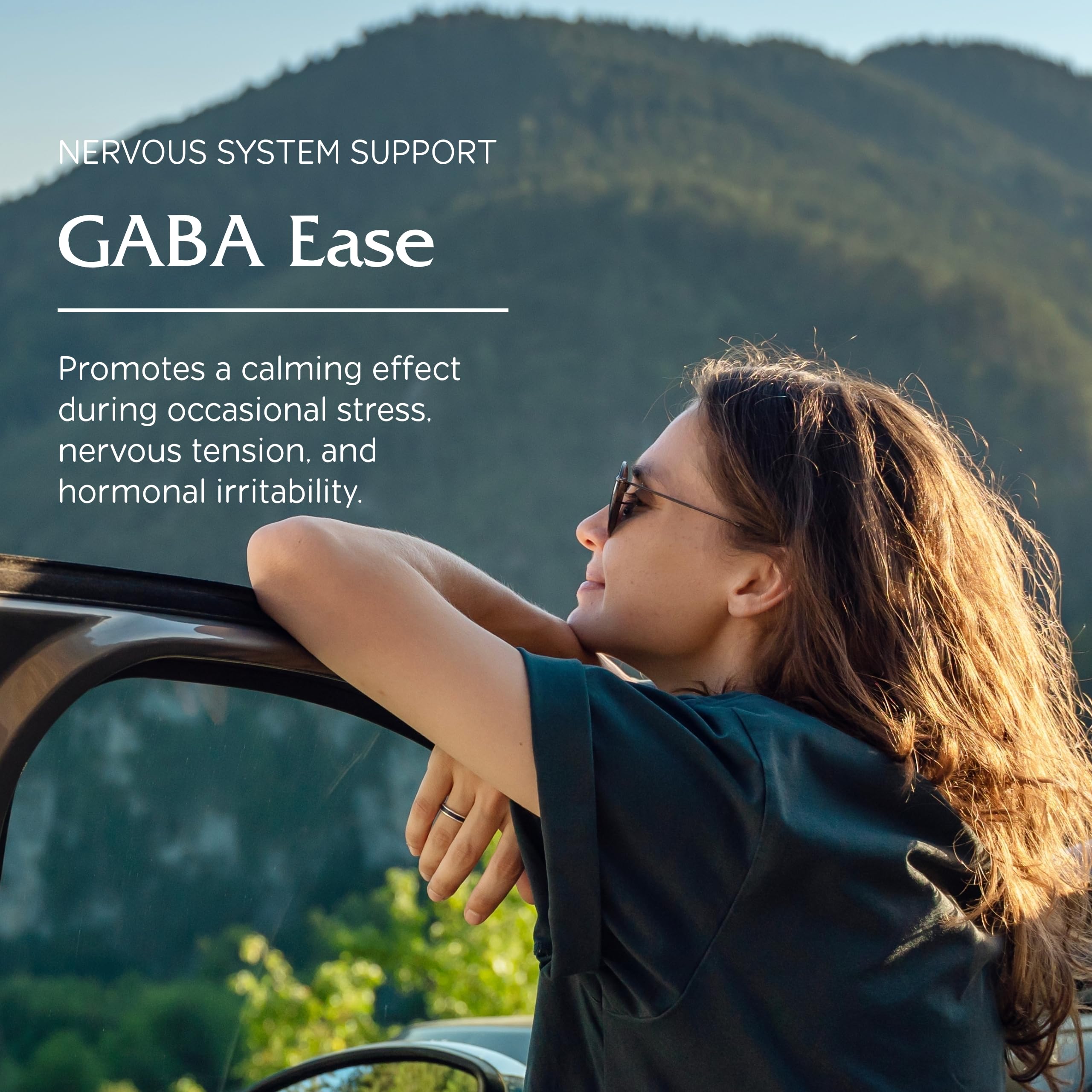 GABA Ease – étiquette lisible, présentation des usages calmes et l'apport vegan.