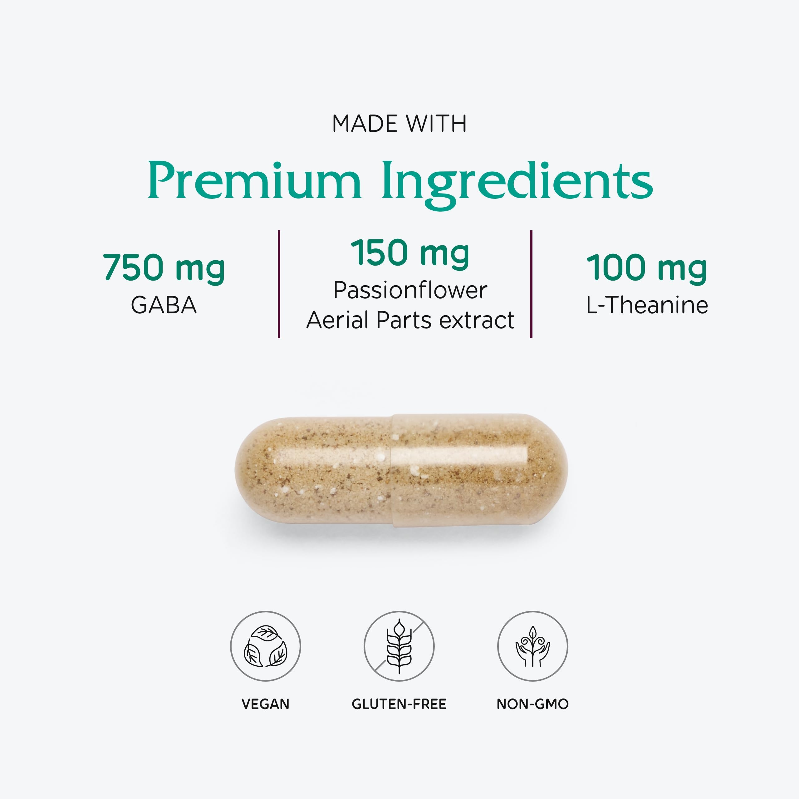 Étiquette vegan de Vitanica GABA Ease, produit sans ingrédients animaux.