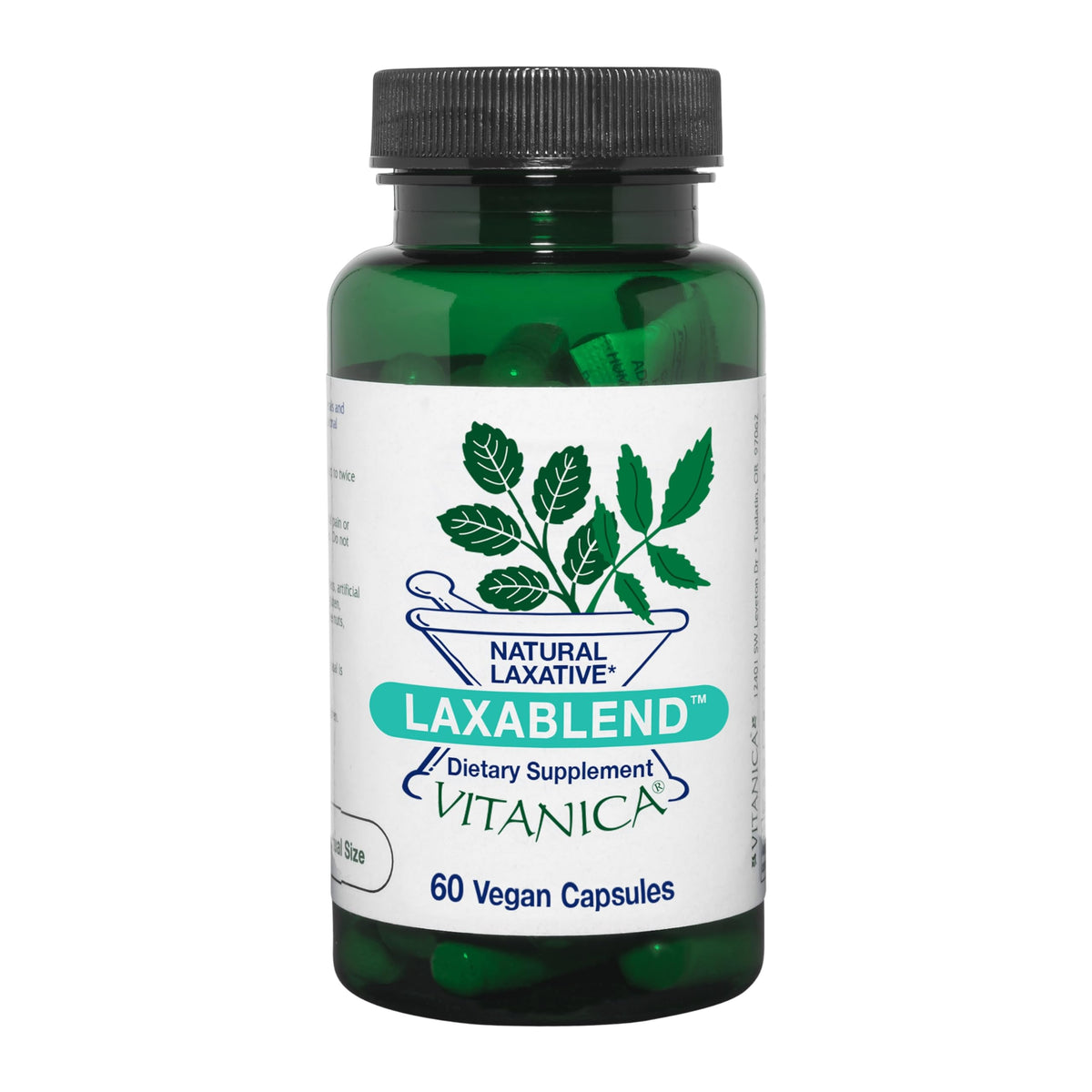 Vitanica LaxaBlend: bouteille et gélules, prêt au confort intestinal.