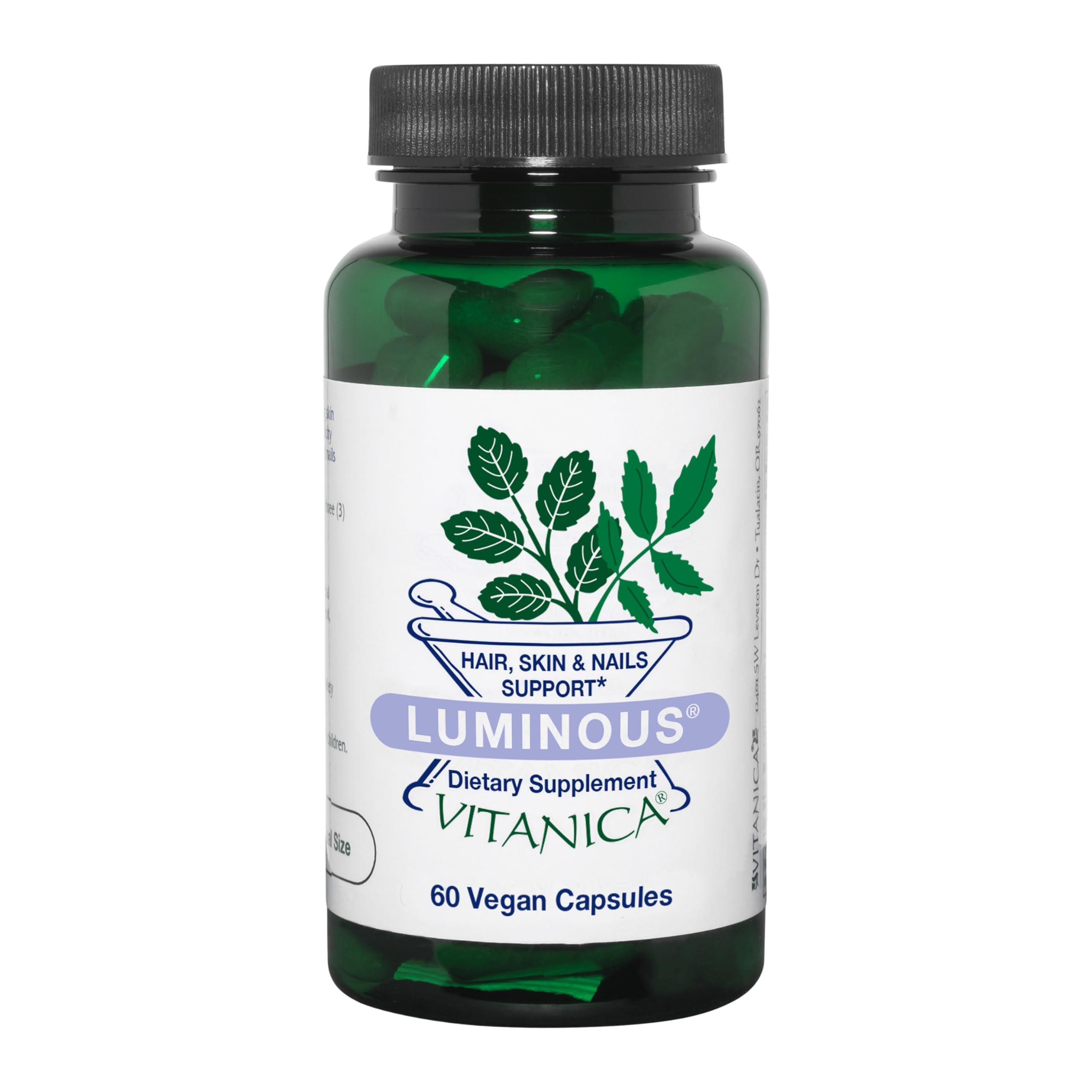Vitanica Luminous – Bouteille de capsules, soutien potentiel pour cheveux et peau.