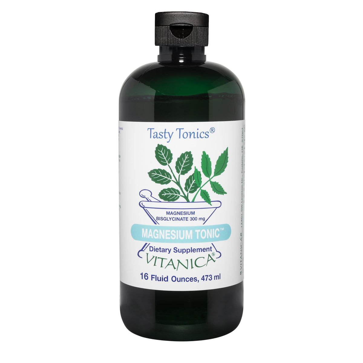 Vitanica Magnesium Tonic sur l'étiquette, indiquant une utilisation quotidienne pratique.