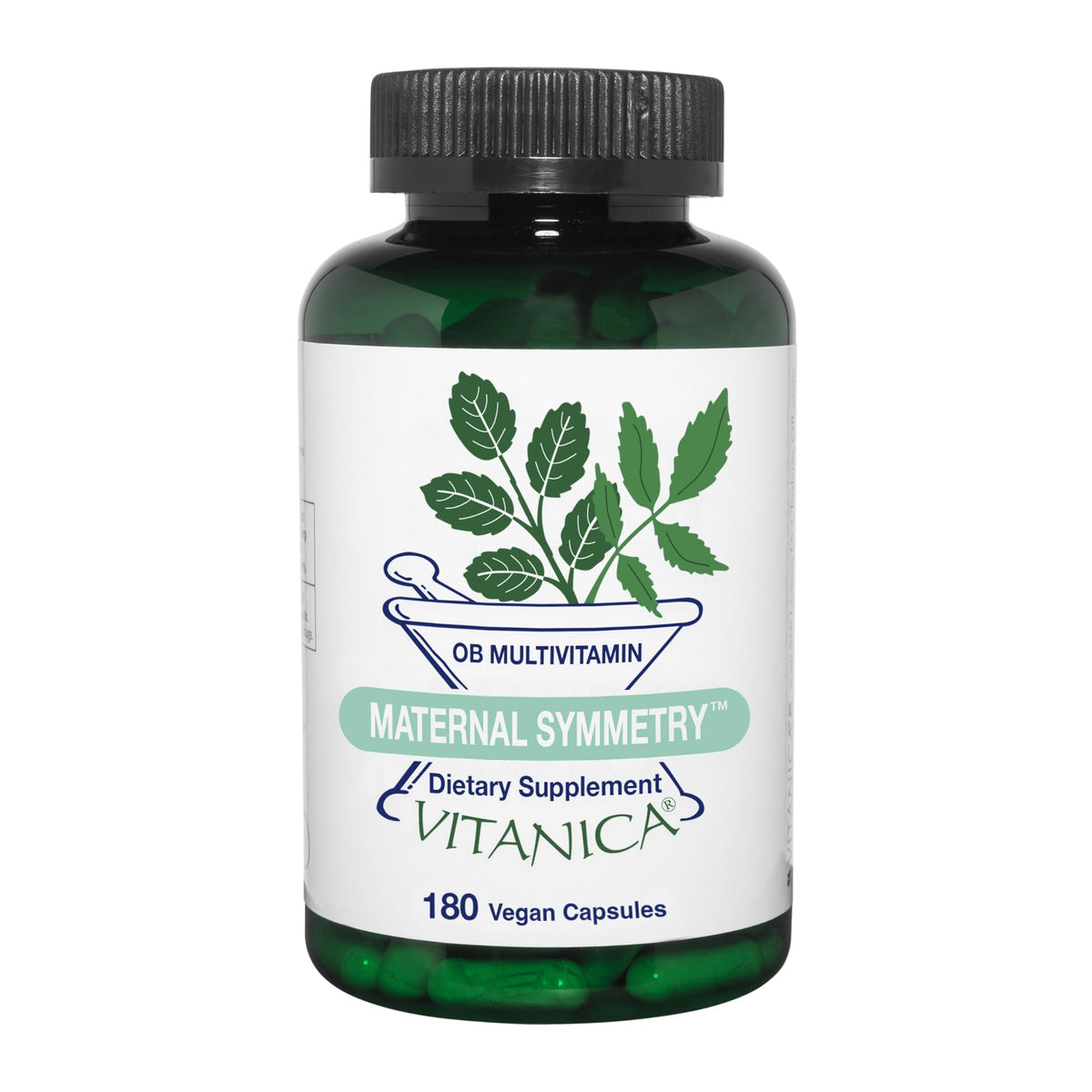 Vitanica Maternal Symmetry: bouteille avec capsules, pratique pour soutien pendant grossesse et post-partum.
