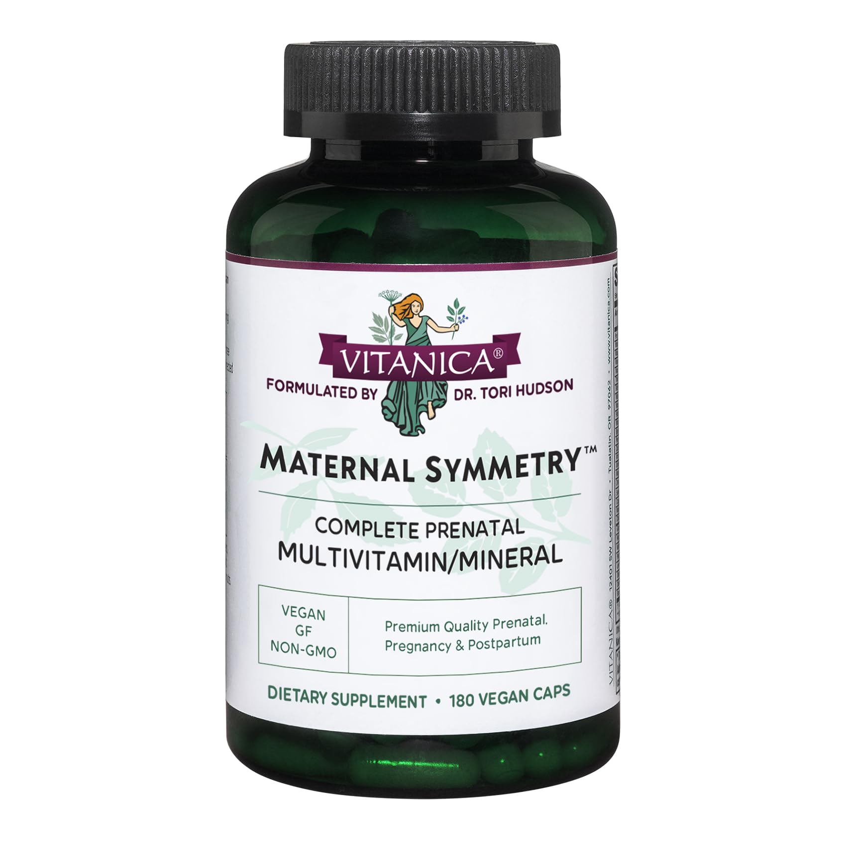 Vitanica Maternal Symmetry - capsules végétales en bouteille, soutien nutritionnel potentiel pendant et après grossesse.