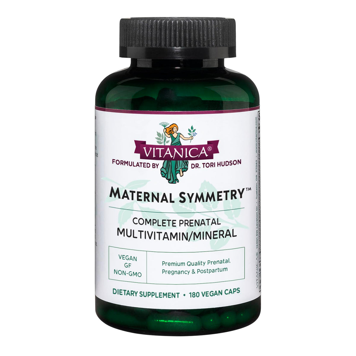 Vitanica Maternal Symmetry - capsules végétales en bouteille, soutien nutritionnel potentiel pendant et après grossesse.