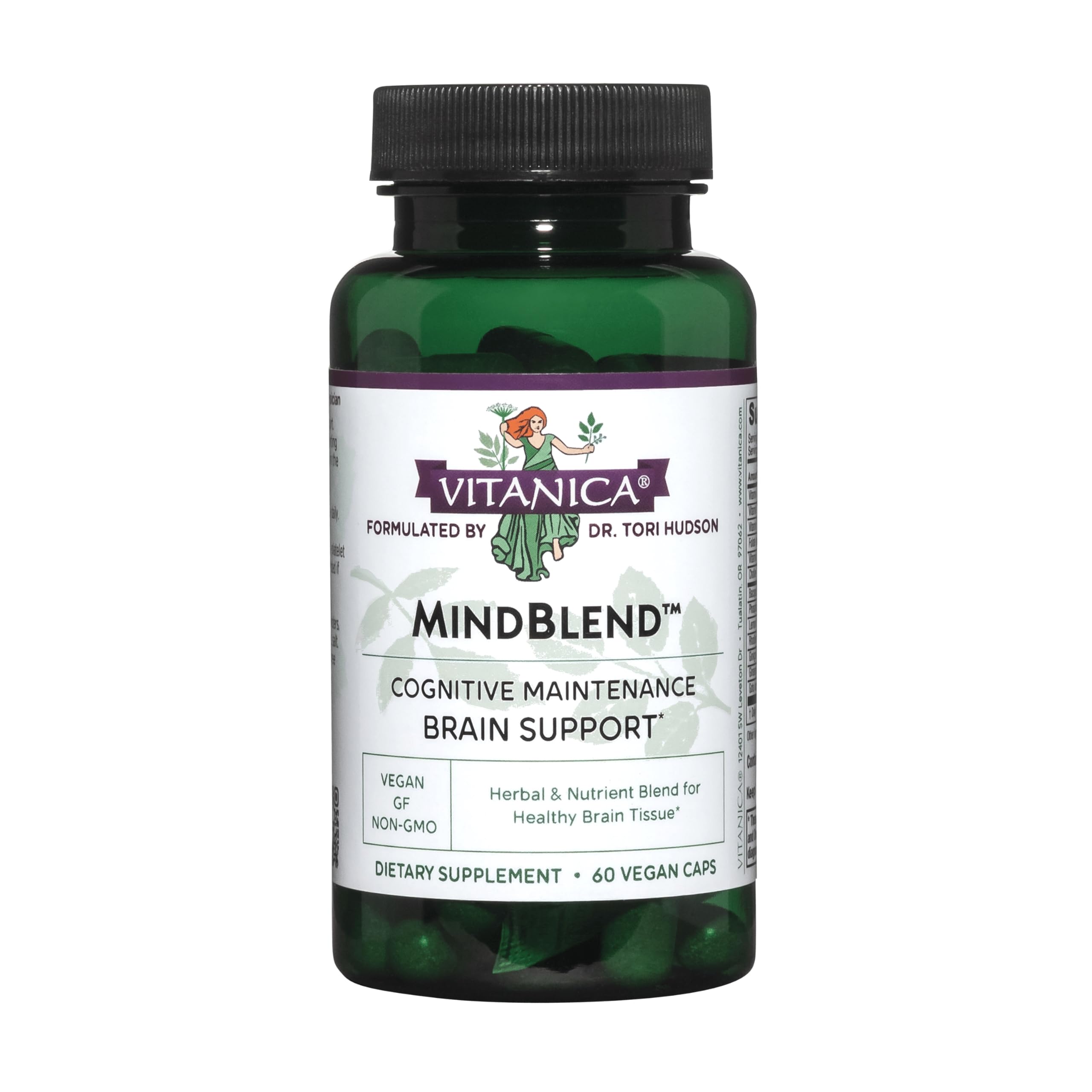 MindBlend de Vitanica sur bouteille avec étiquette lisible et potentiel soutien cérébral.