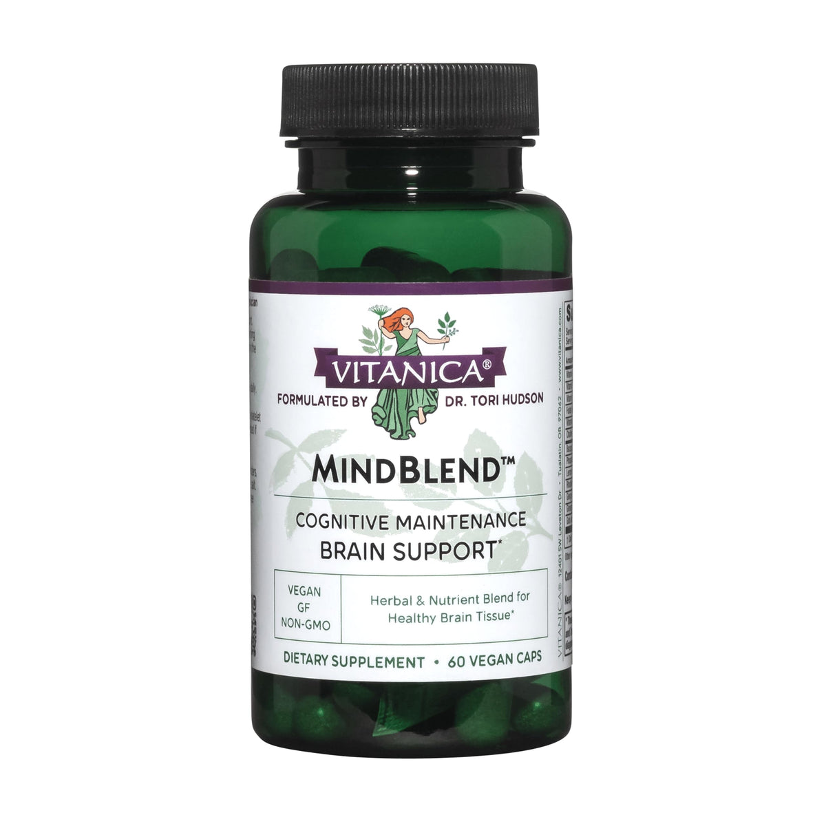 MindBlend de Vitanica sur bouteille avec étiquette lisible et potentiel soutien cérébral.