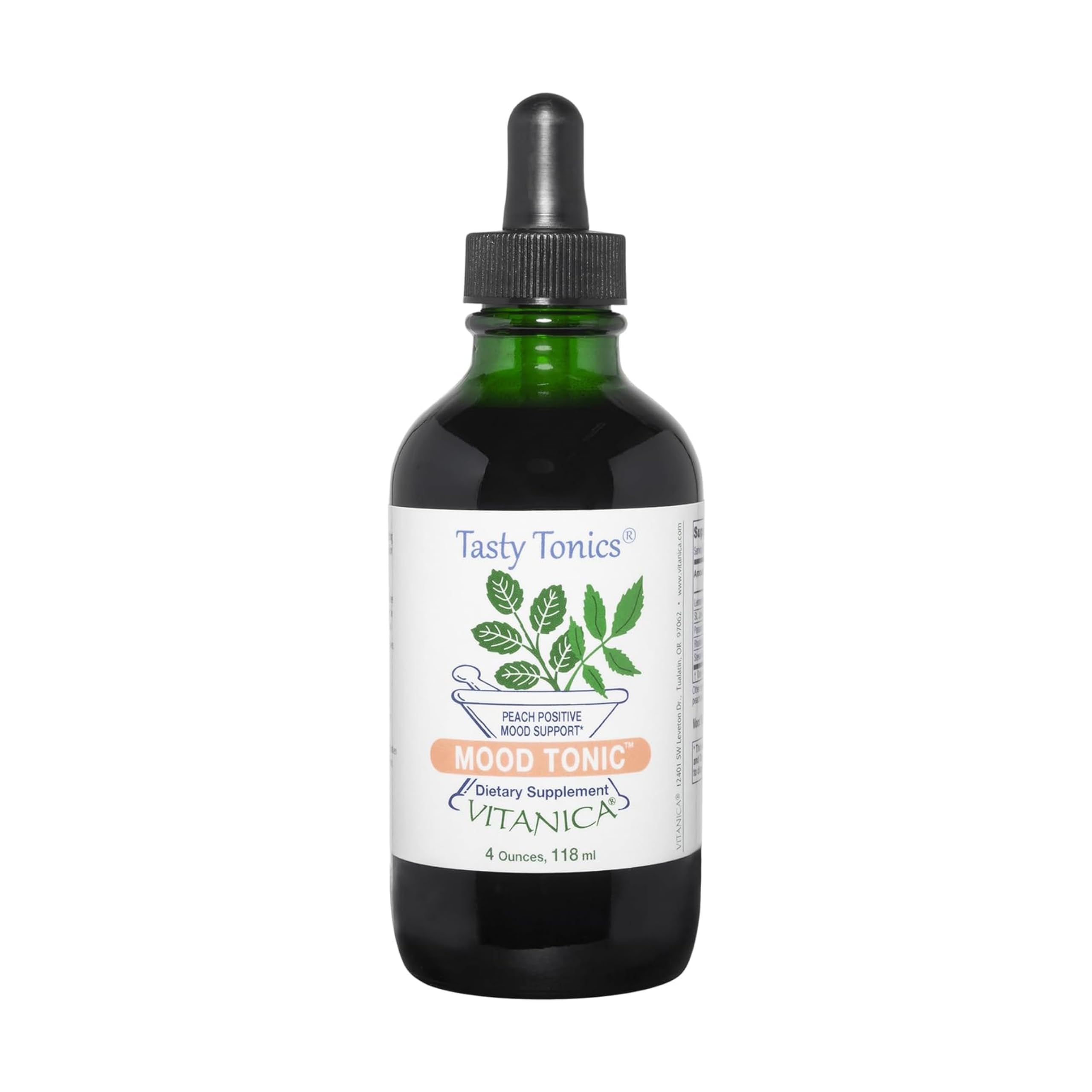 Vitanica Mood Tonic, bouteille-peche: saveur fruitée et usage quotidien pour un soutien d'humeur léger.