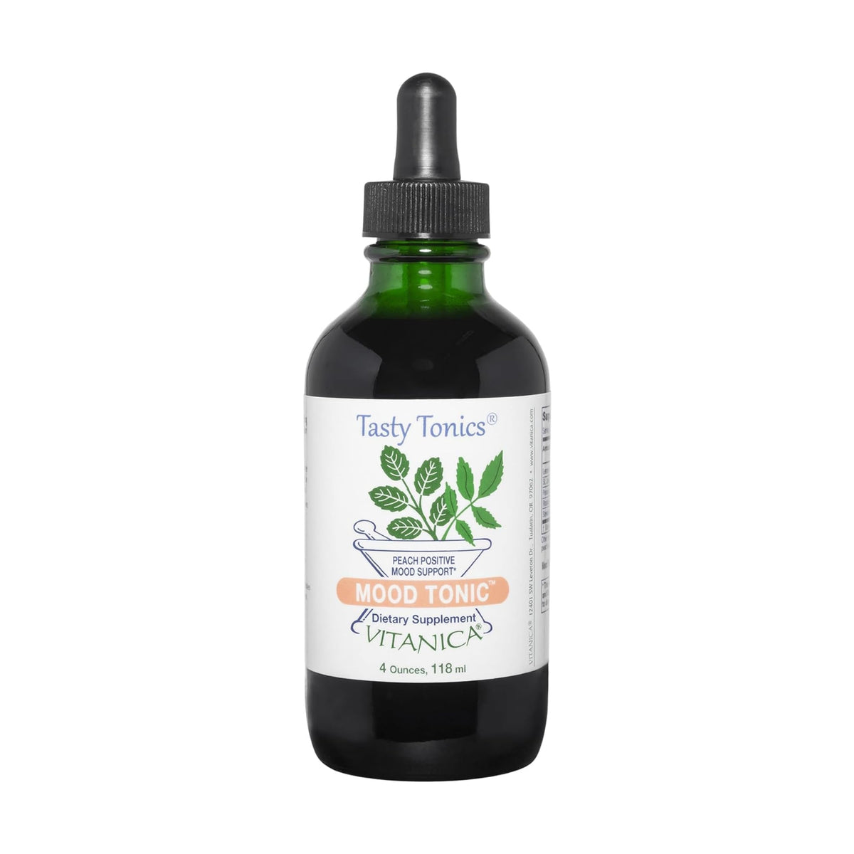 Vitanica Mood Tonic, bouteille-peche: saveur fruitée et usage quotidien pour un soutien d'humeur léger.