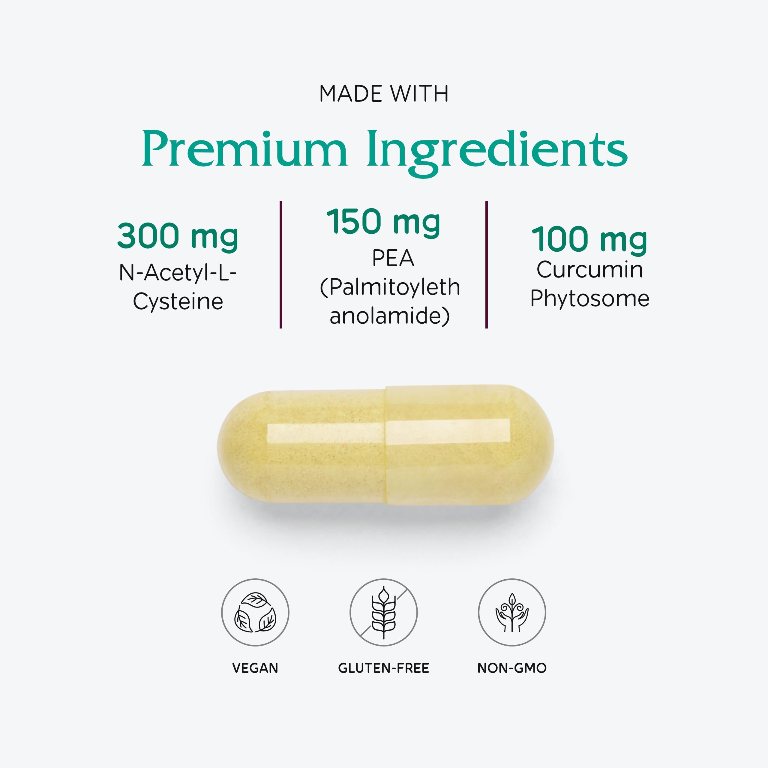 Capsules véganes du Vitanica NAC-PEA Extra faciles à avaler.