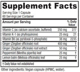 Étiquette Vitanica Nausea Ease montrant ingrédients et usages.