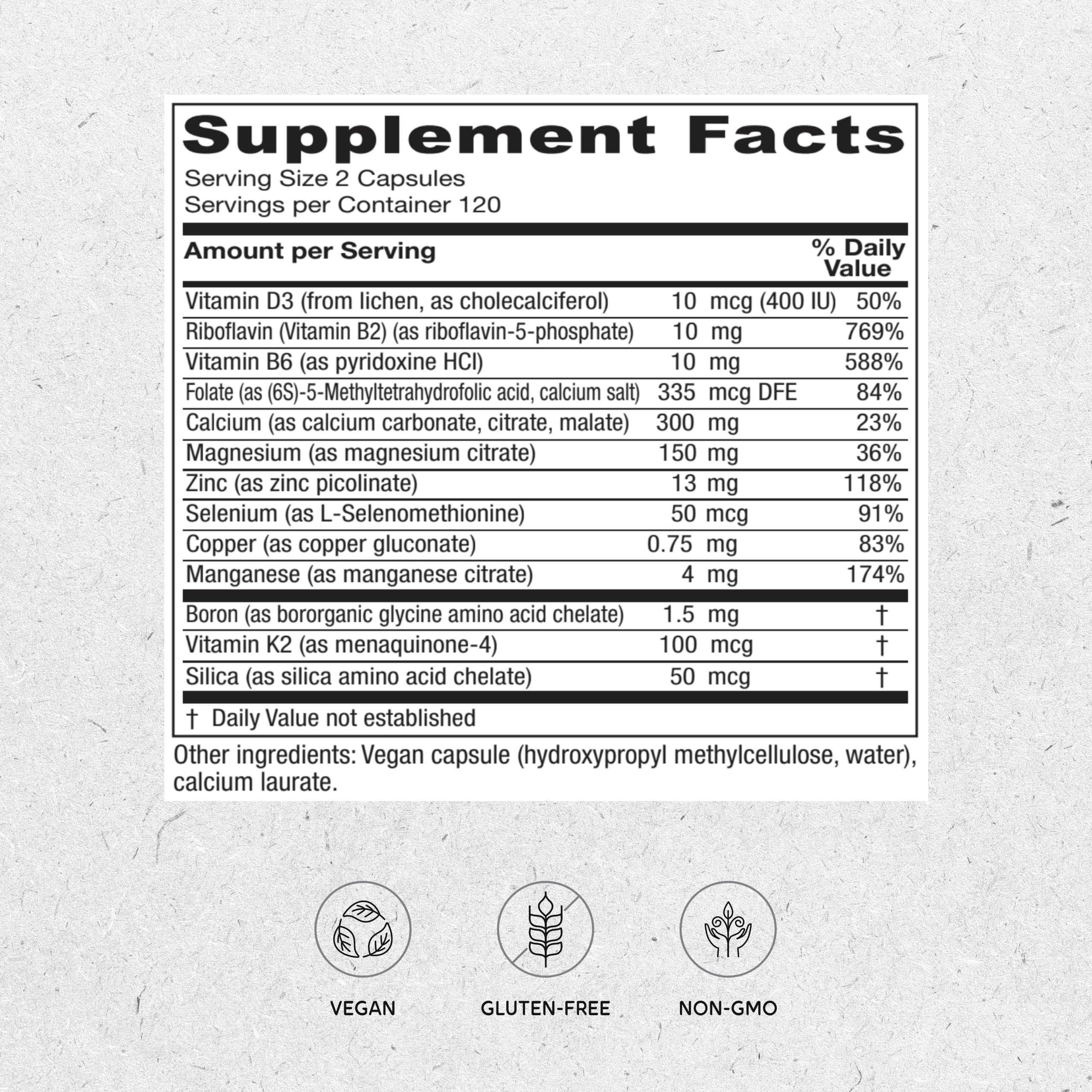 Vitanica OsteoBlend: etiquette du packaging avec mention végan et non-OGM