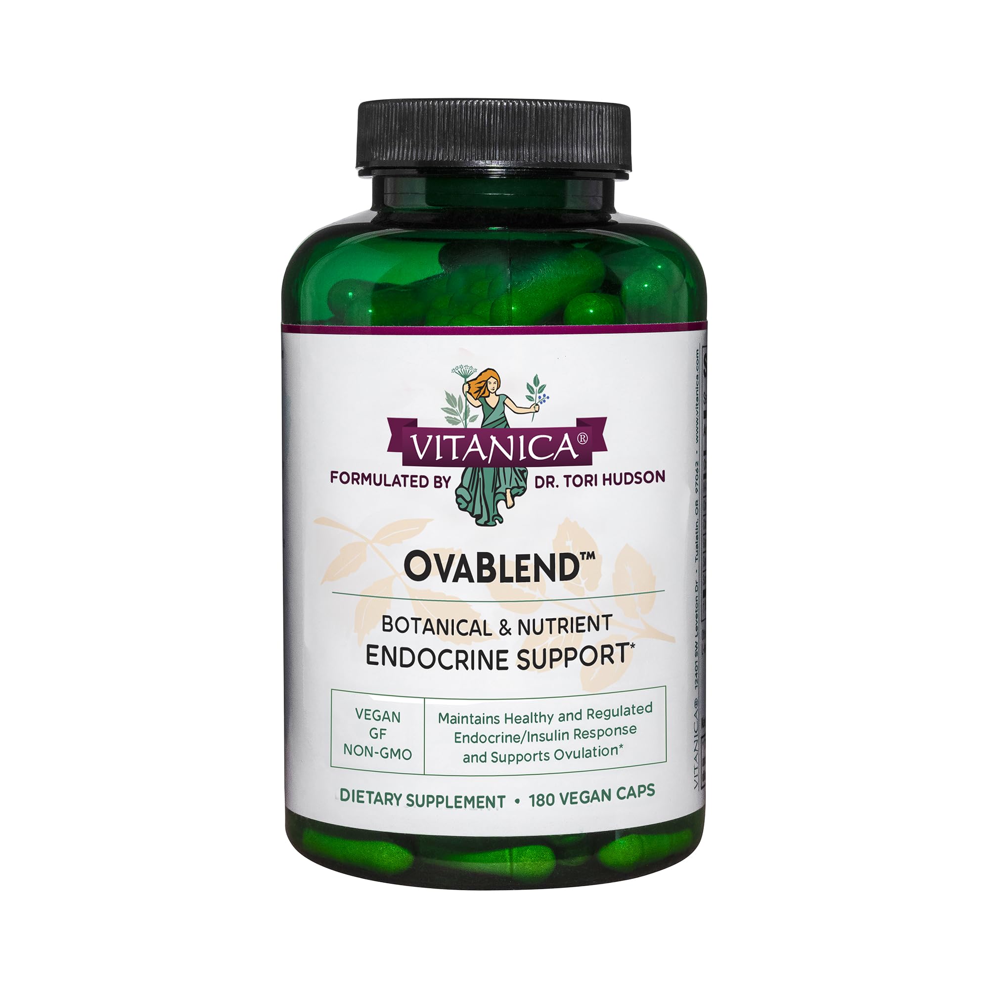 Vitanica OvaBlend en bouteille, équilibre hormonal potentiel chez la femme