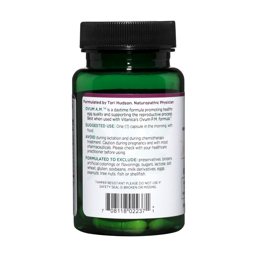 Étiquette claire sur la bouteille Vitanica Ovum A.M. indiquant ingrédients et utilisation.