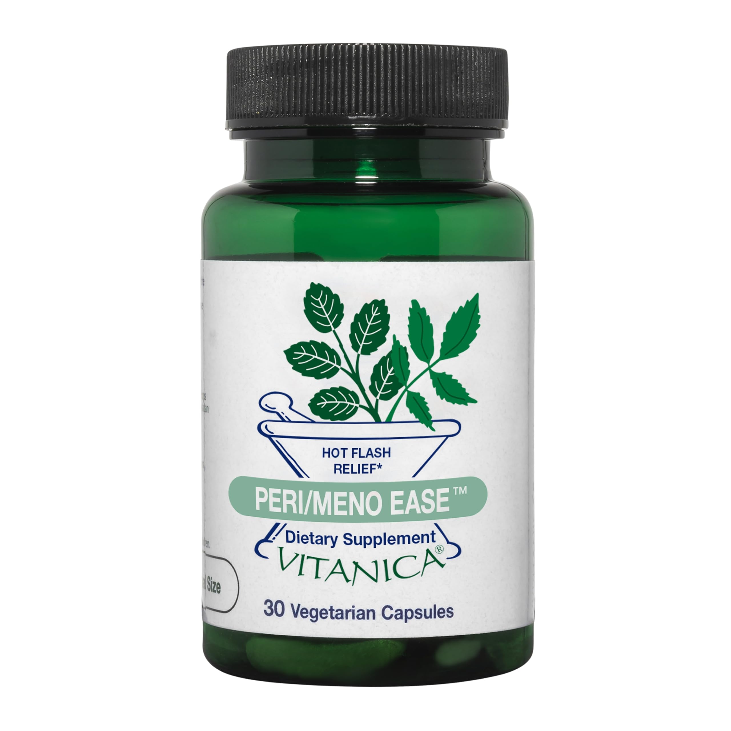 Vitanica Peri/Meno Ease – Bouteille montrant les capsules, potentiel soutien du sommeil.