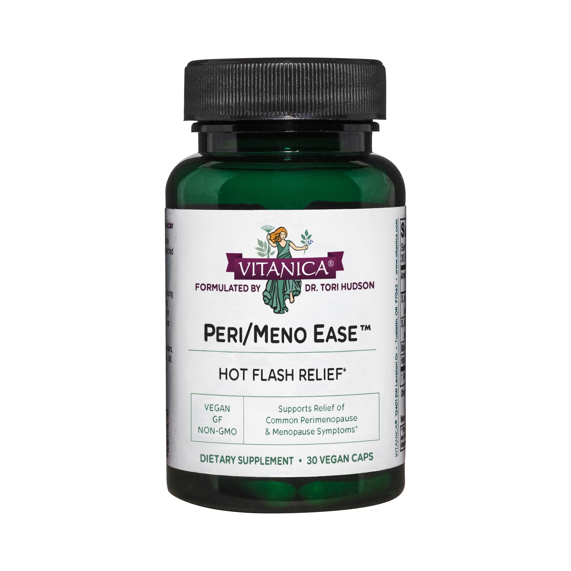 Bouteille Vitanica Peri/Meno Ease montrant les capsules; soutien potentiel contre bouffées de chaleur et sommeil.