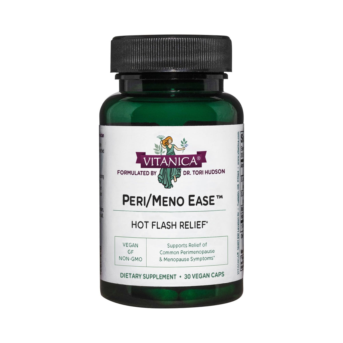 Bouteille Vitanica Peri/Meno Ease montrant les capsules; soutien potentiel contre bouffées de chaleur et sommeil.