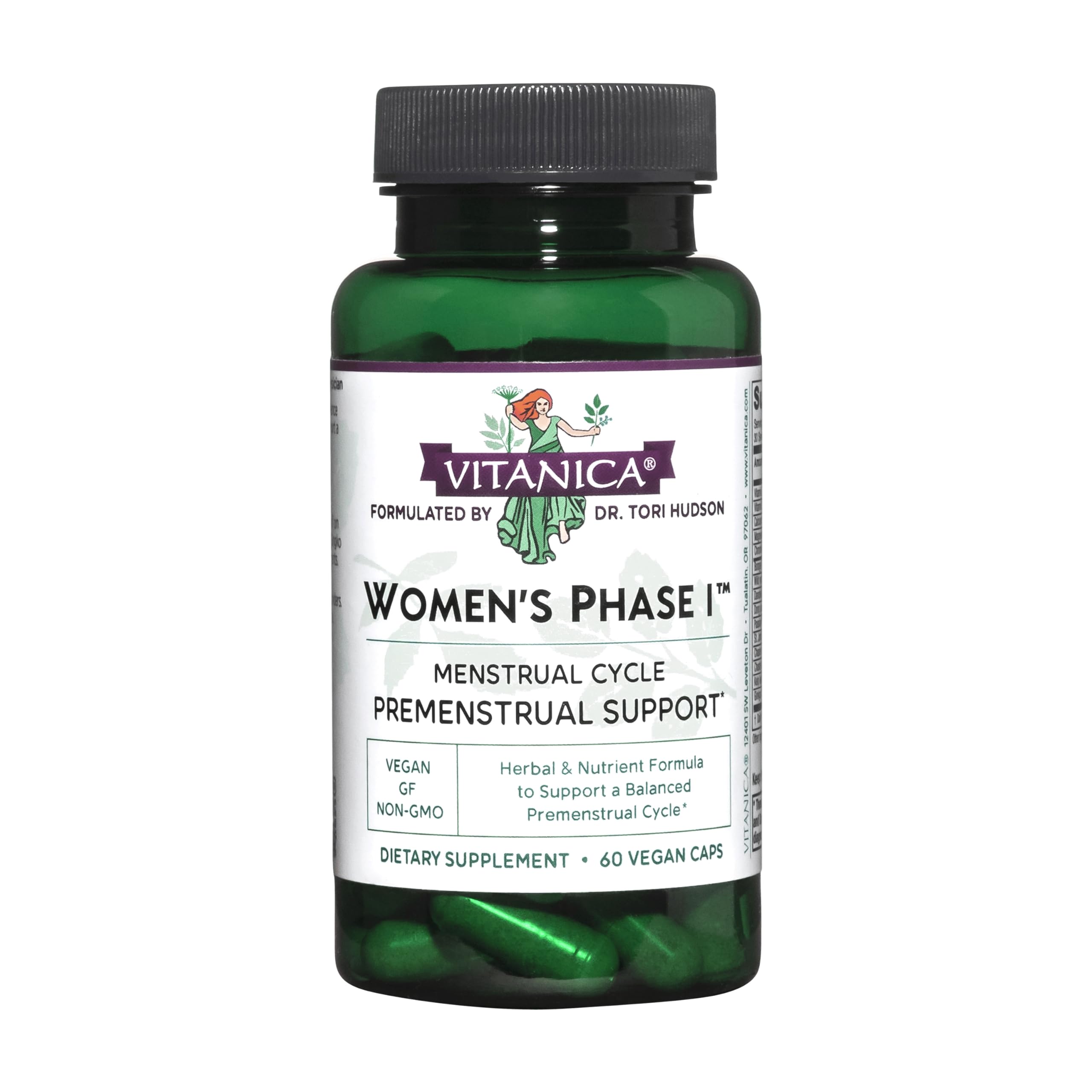 Vitanica Phase I – bouteille de gélules vegan pour soutien prémenstruel potentiel.