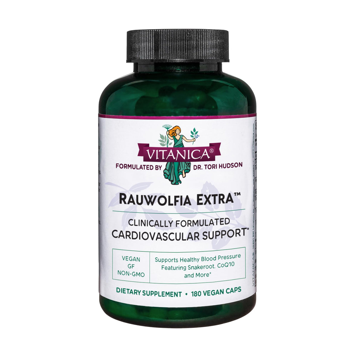 Vitanica Rauwolfia Extra – bouteille et étiquette, soutien potentiel à une pression artérielle dans la plage normale.