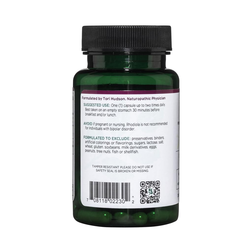 Étiquette Vitanica Rhodiola Rosea, détails de la composition et des ingrédients vegan.