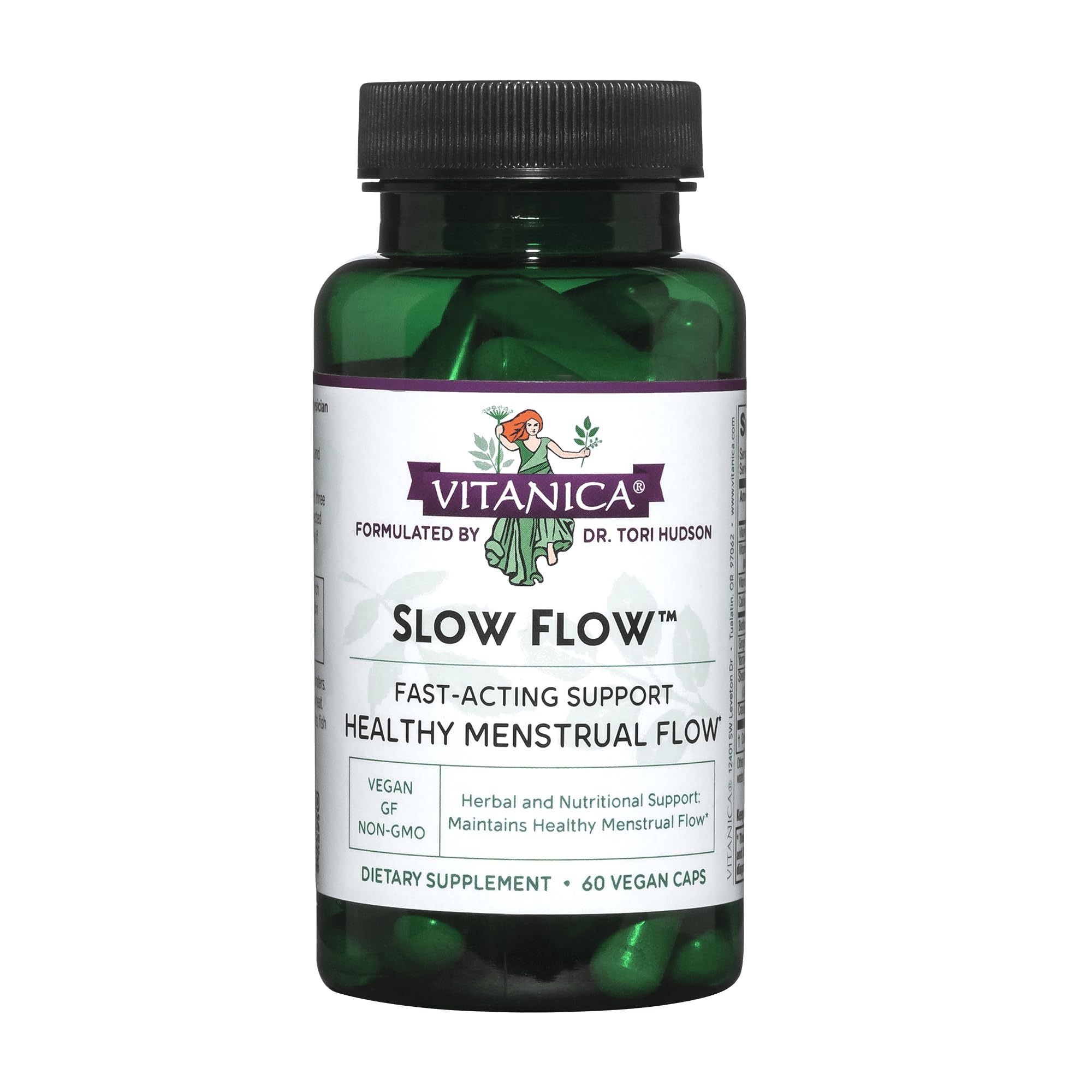Vitanica Slow Flow – flacon de gélules prêt à l’emploi pour le soutien du flux menstruel.