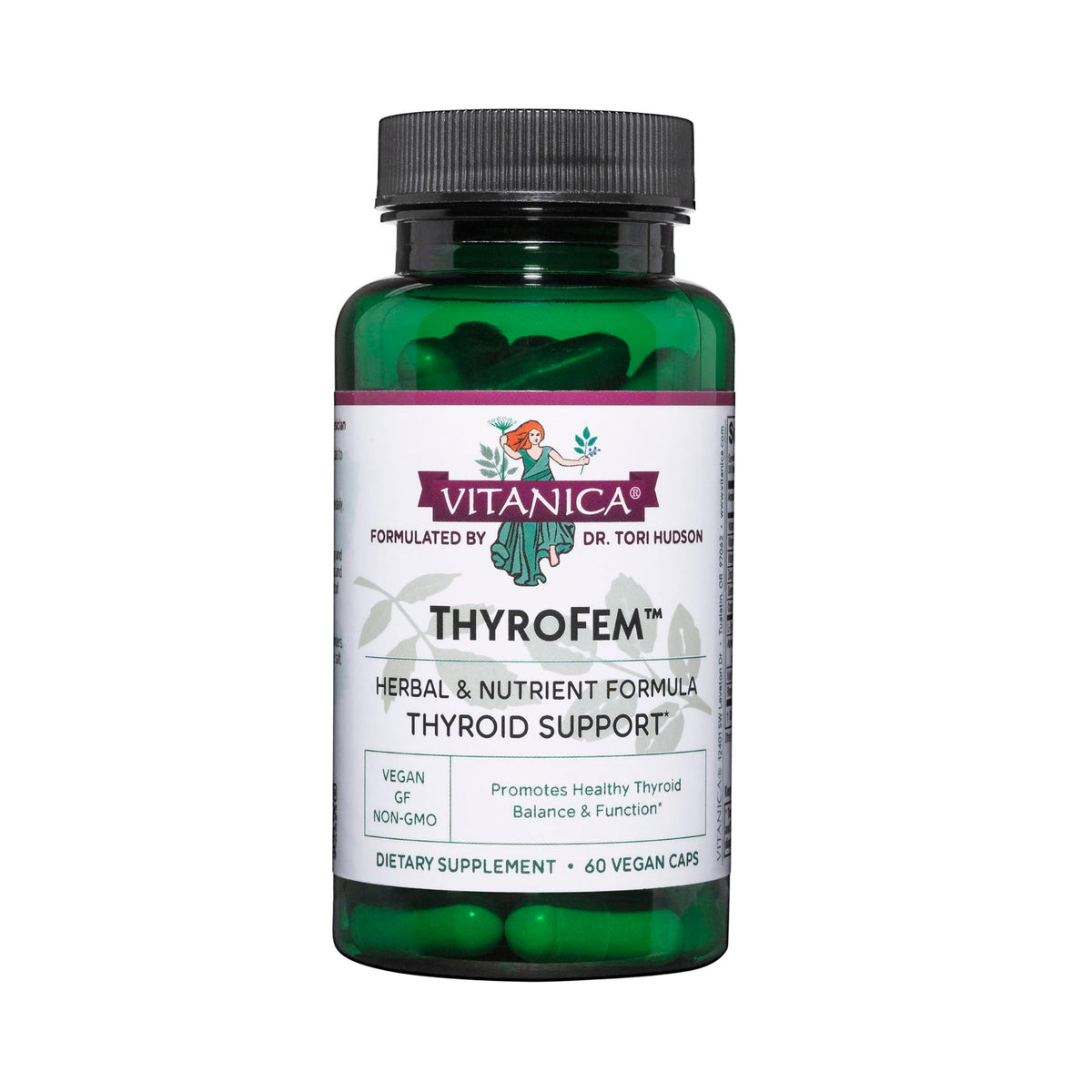 Bouteille Vitanica ThyroFem de 60 capsules, format pratique pour usage quotidien.