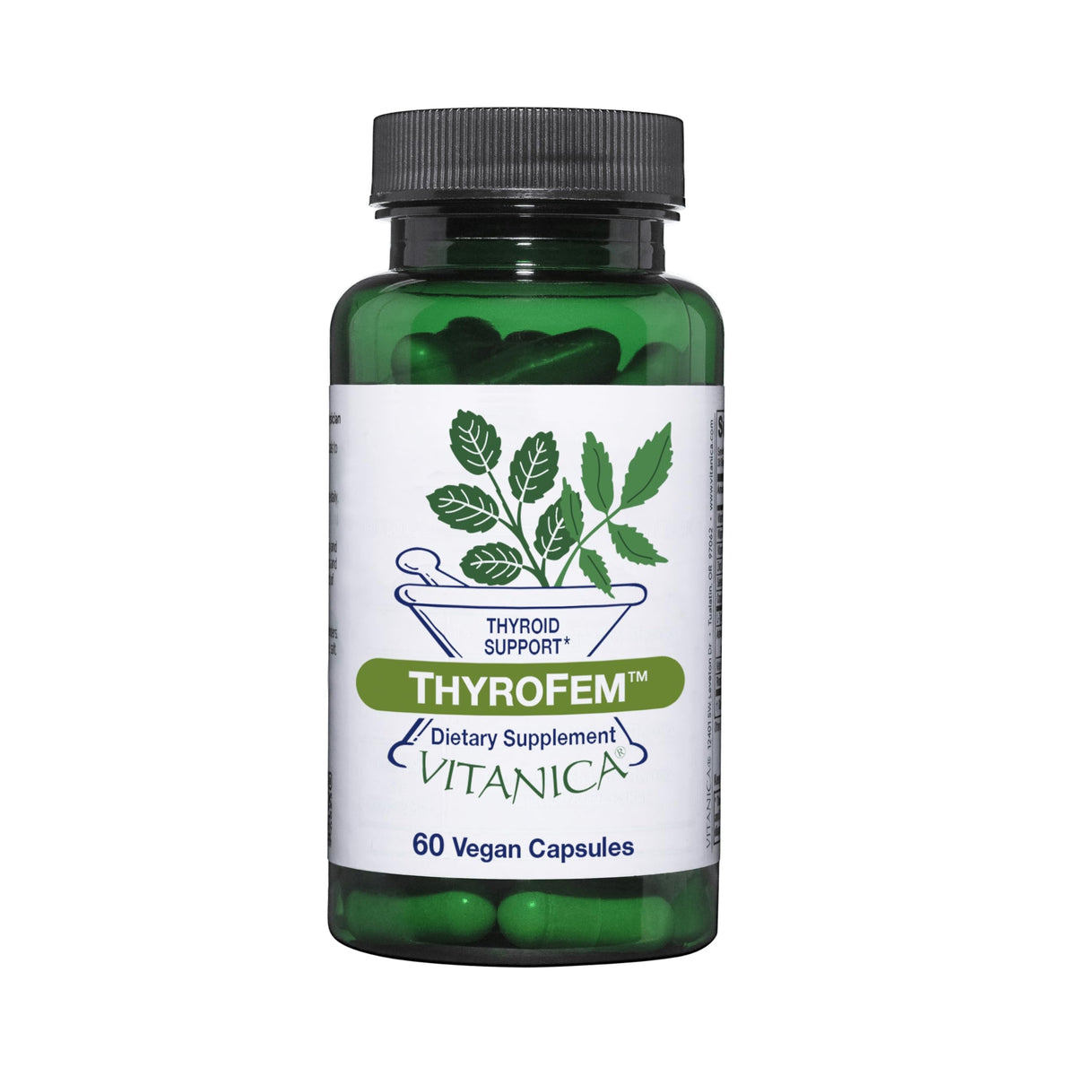 Vitanica ThyroFem bouteille, soutien potentiel à la fonction thyroïdienne au quotidien.