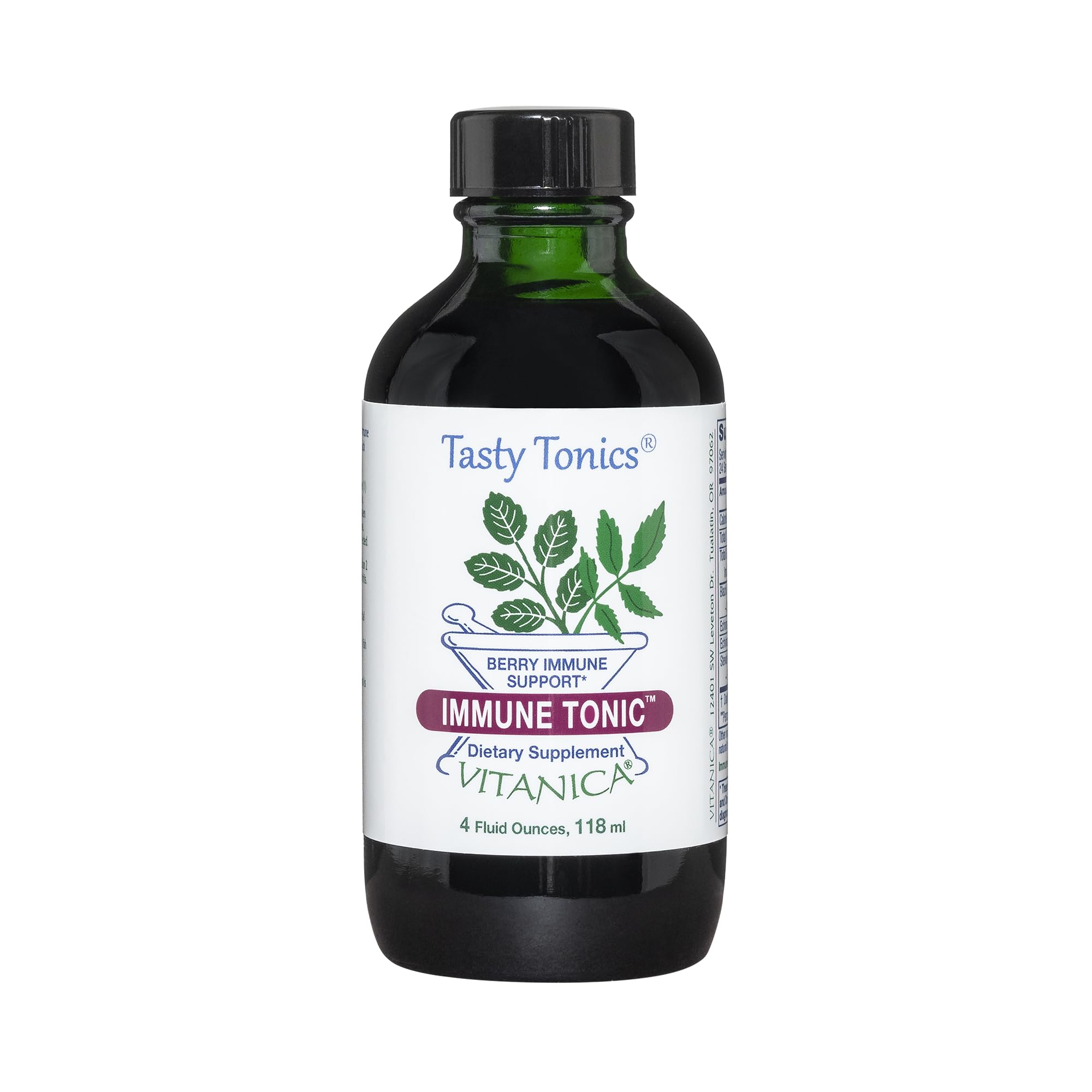 Vitanica Tonique Immunitaire au Sureau Noir en bouteille, soutien potentiel du système immunitaire.