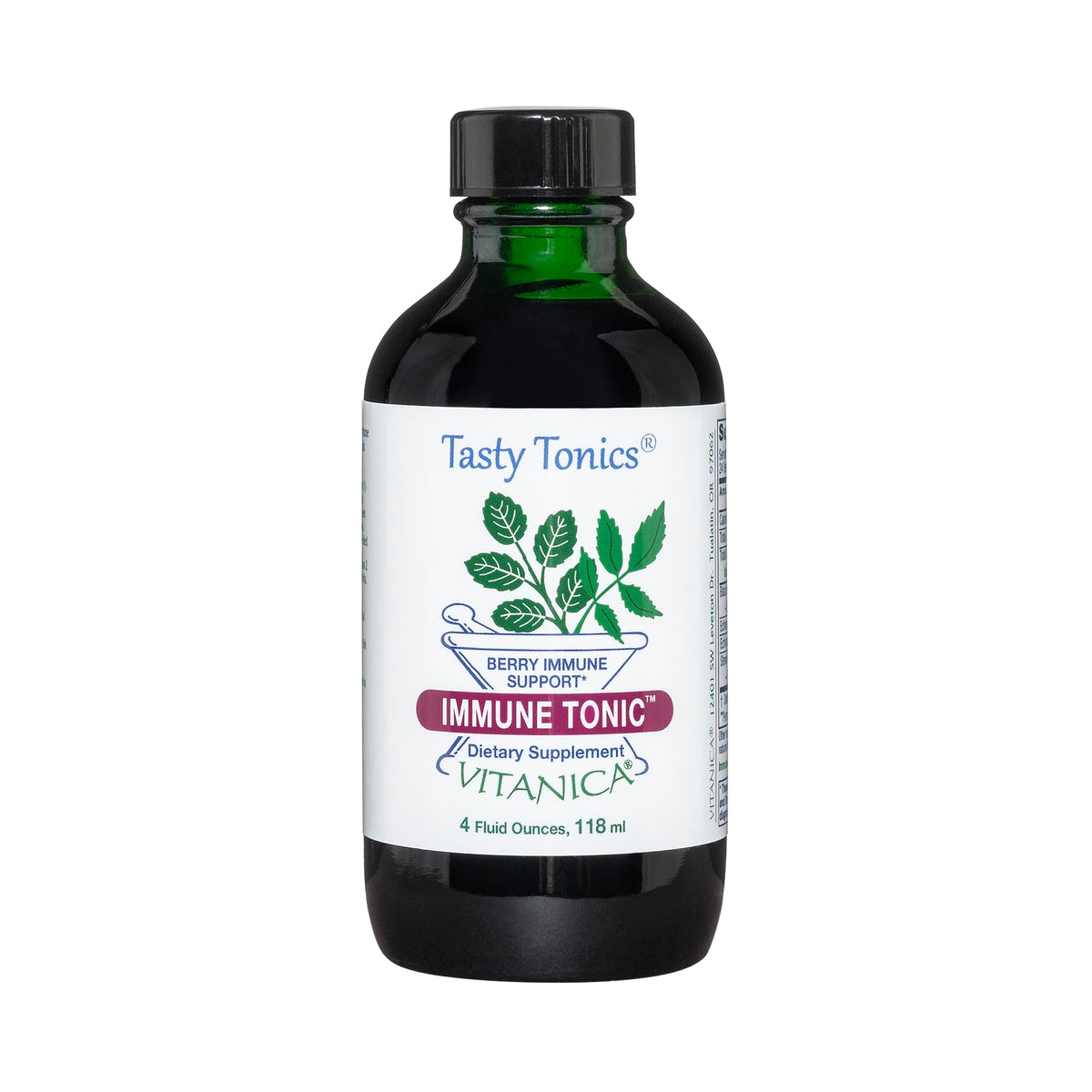 Vitanica Tonique Immunitaire au Sureau Noir en bouteille, soutien potentiel du système immunitaire.