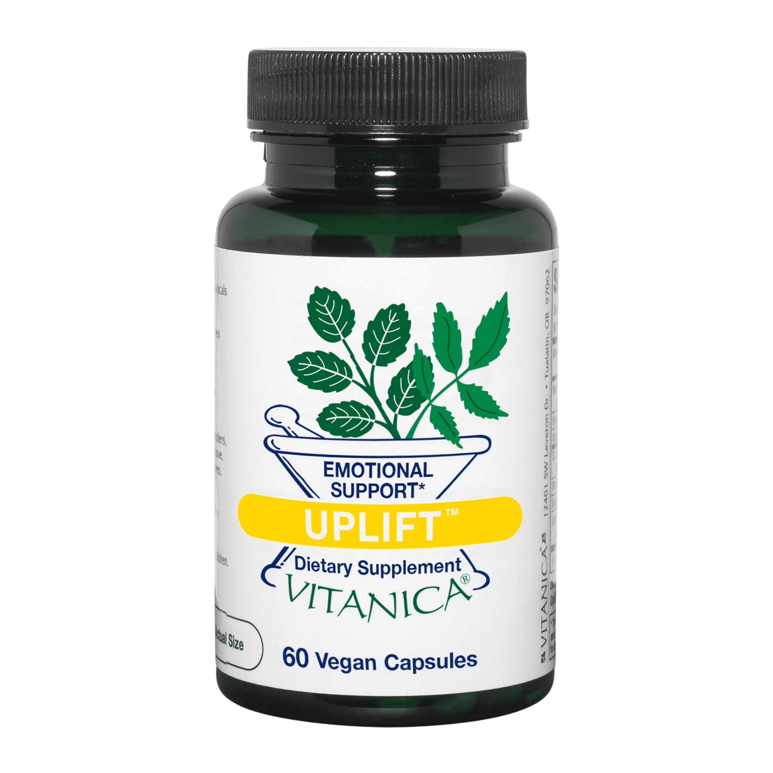 Vitanica Uplift: bouteille et étiquette visibles, soutien émotionnel potentiel pour les journées stressantes.