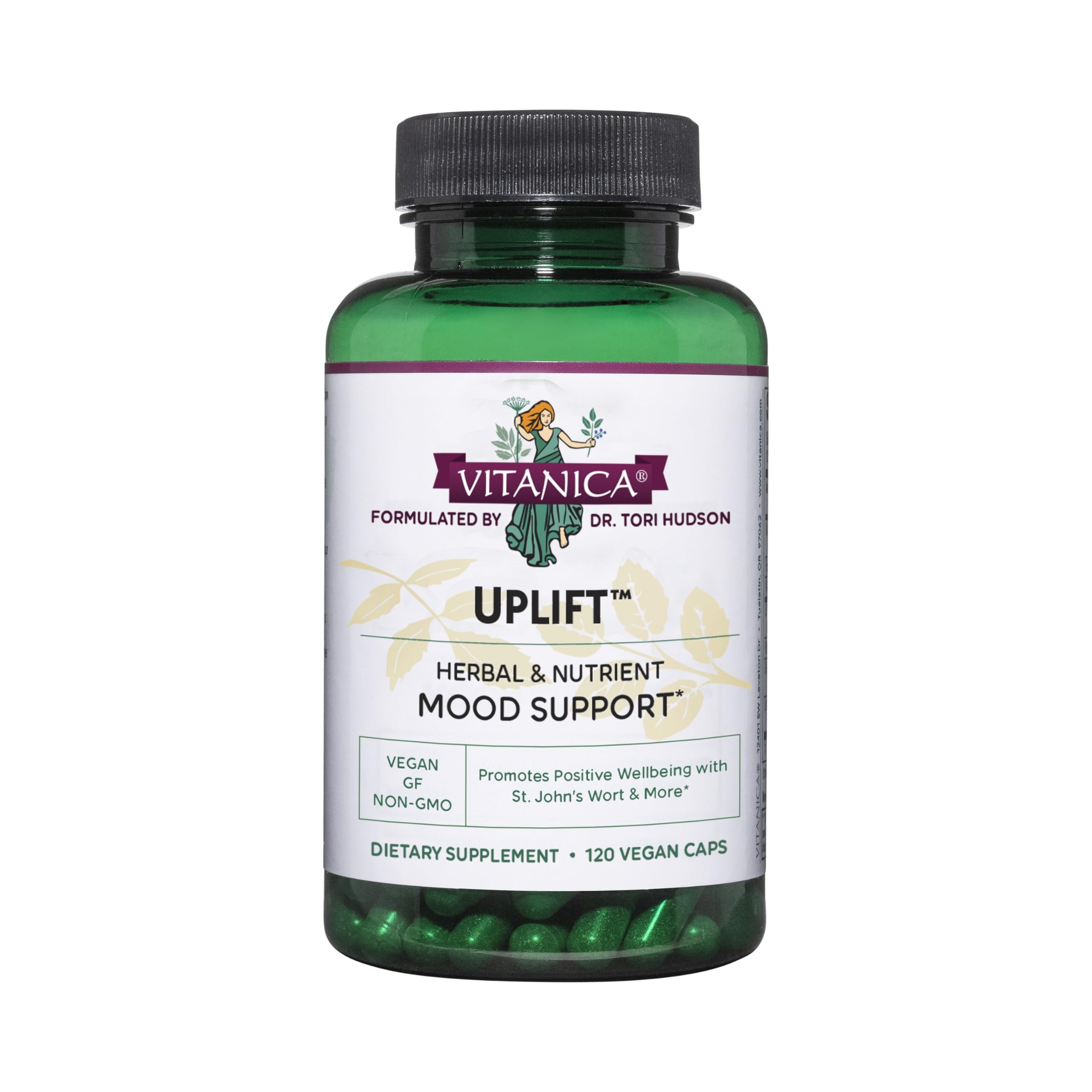 Vitanica Uplift – bouteille recto-verso: aperçu du packaging et soutien potentiel à l'humeur.