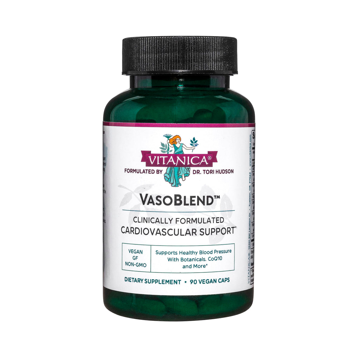 Vitanica VasoBlend: bouteille de capsules véganes prête pour un soutien cardiaque potentiel.